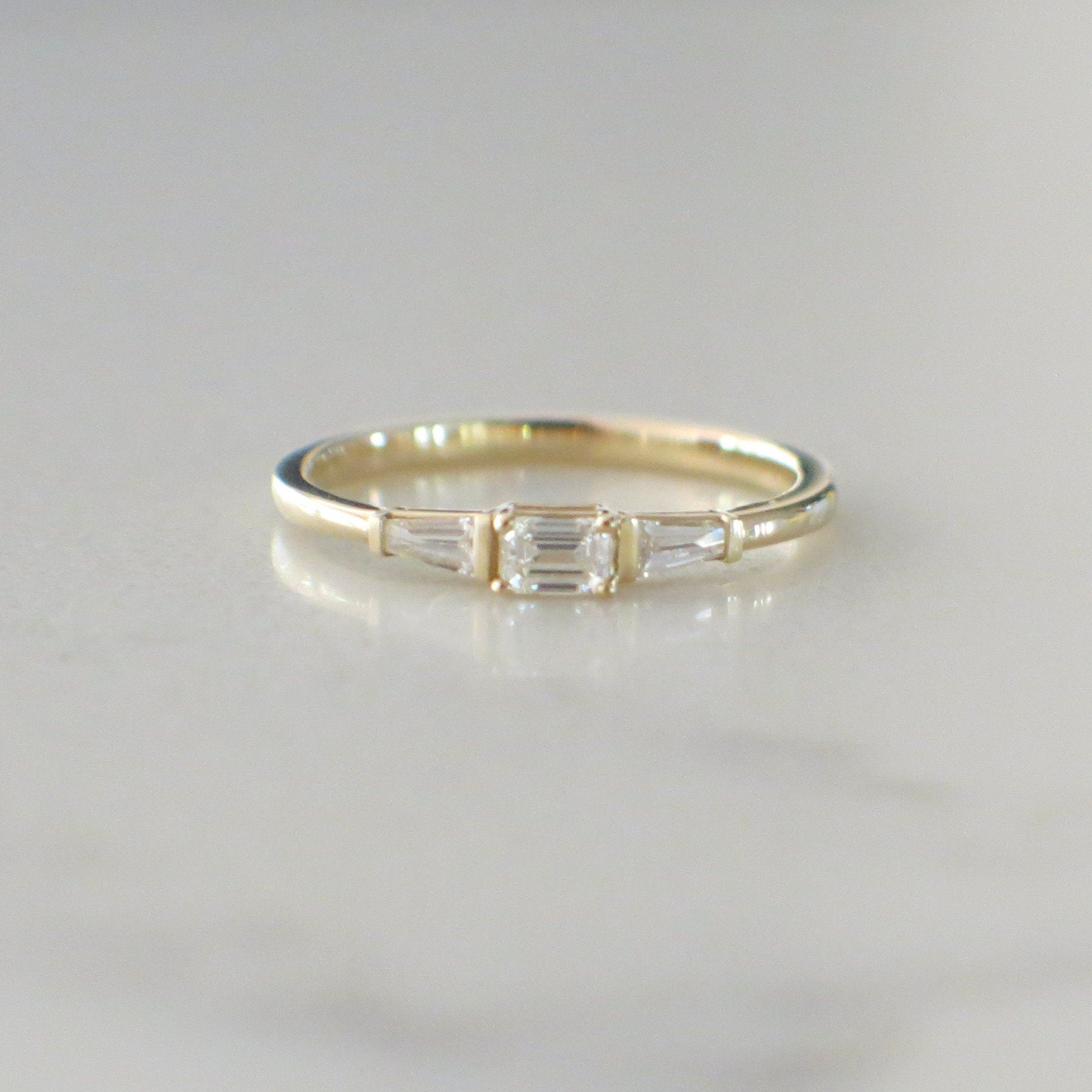 14K Yellow Gold Three Stone Diamond Ring – Emerald Cut, Stackable, Size 7 - Black Market LLC