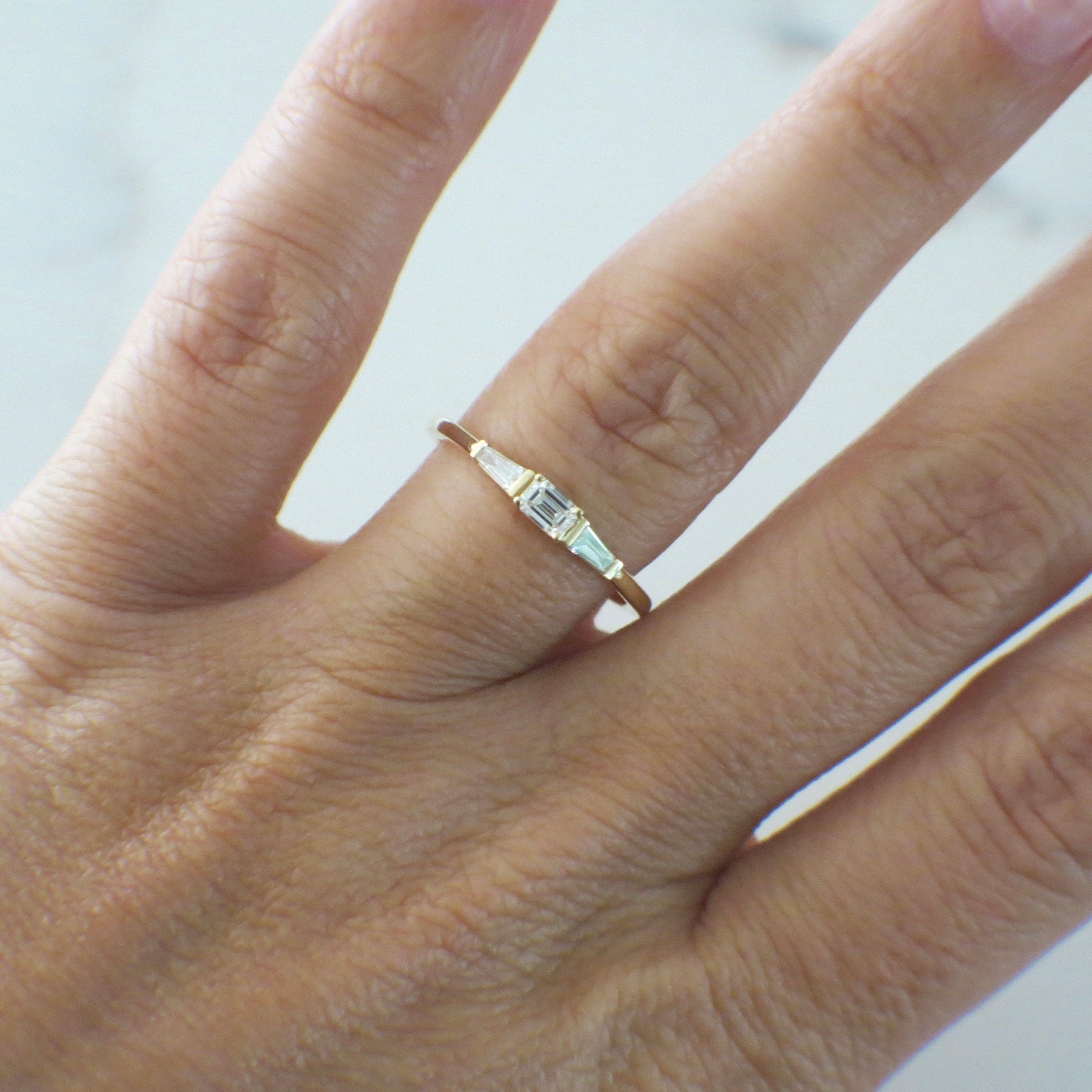 14K Yellow Gold Three Stone Diamond Ring – Emerald Cut, Stackable, Size 7 - Black Market LLC