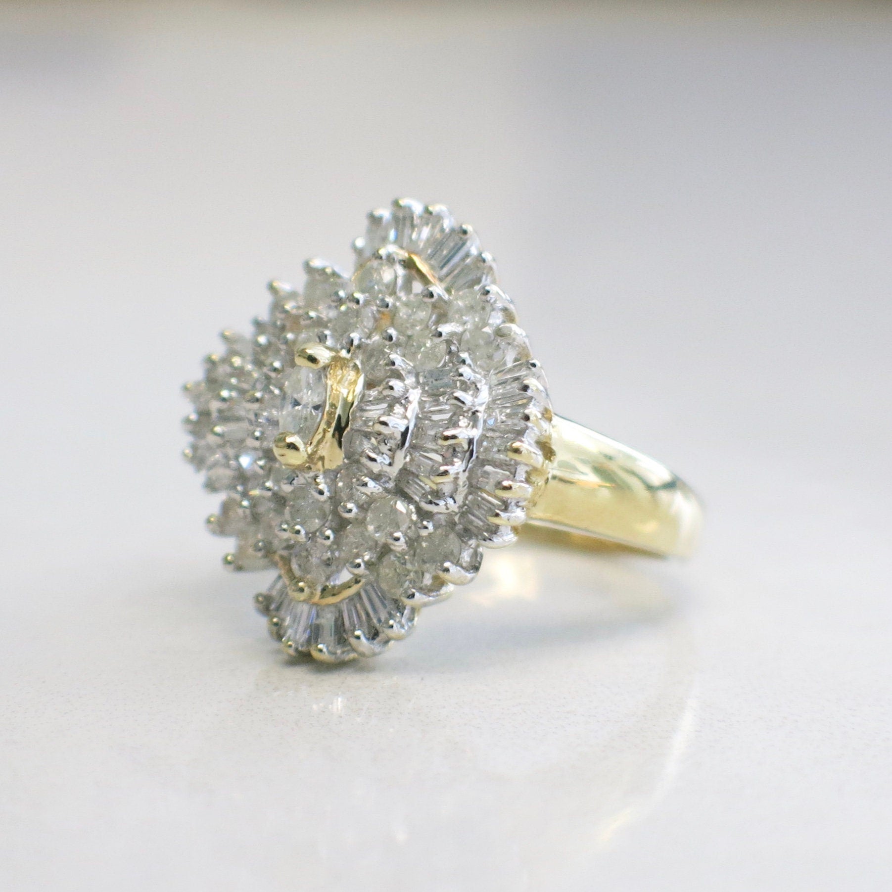 Diamond Cluster Cocktail Ring | 14K Yellow Gold Marquise, Baguette & Round Diamonds 1.16 CTW Size 6.5 - Black Market LLC