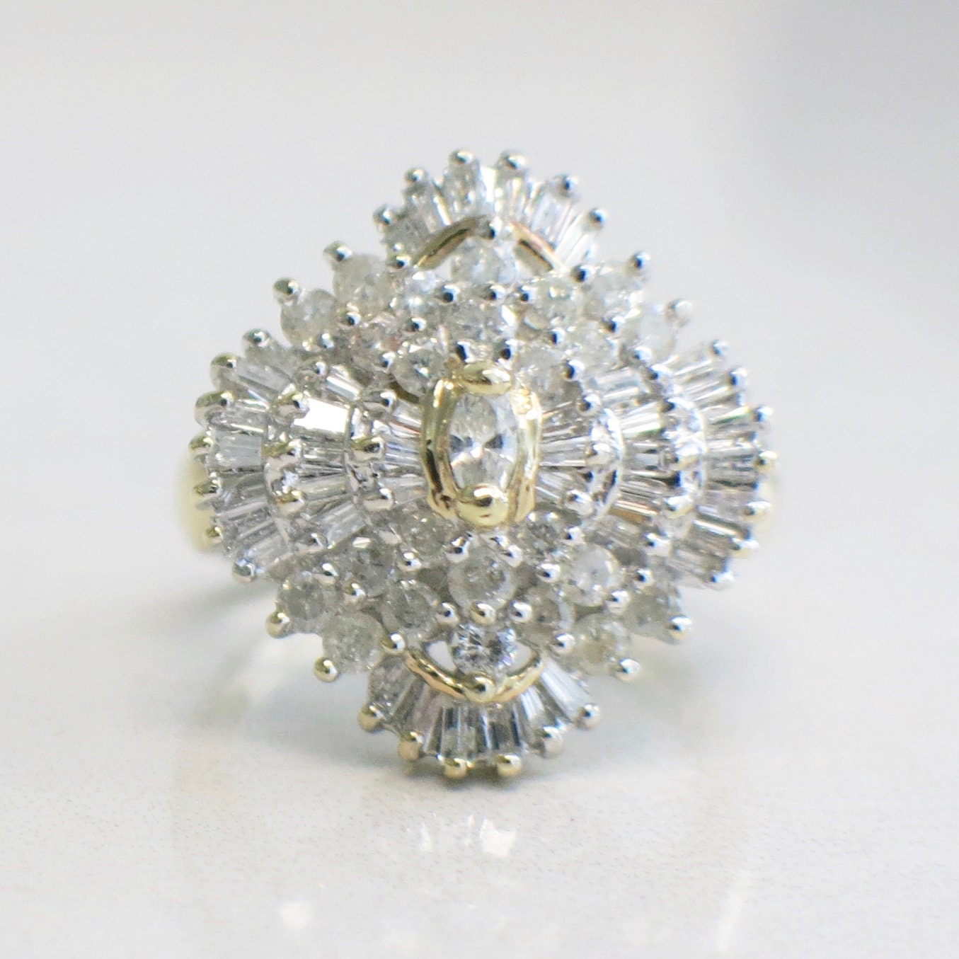 Diamond Cluster Cocktail Ring | 14K Yellow Gold Marquise, Baguette & Round Diamonds 1.16 CTW Size 6.5 - Black Market LLC