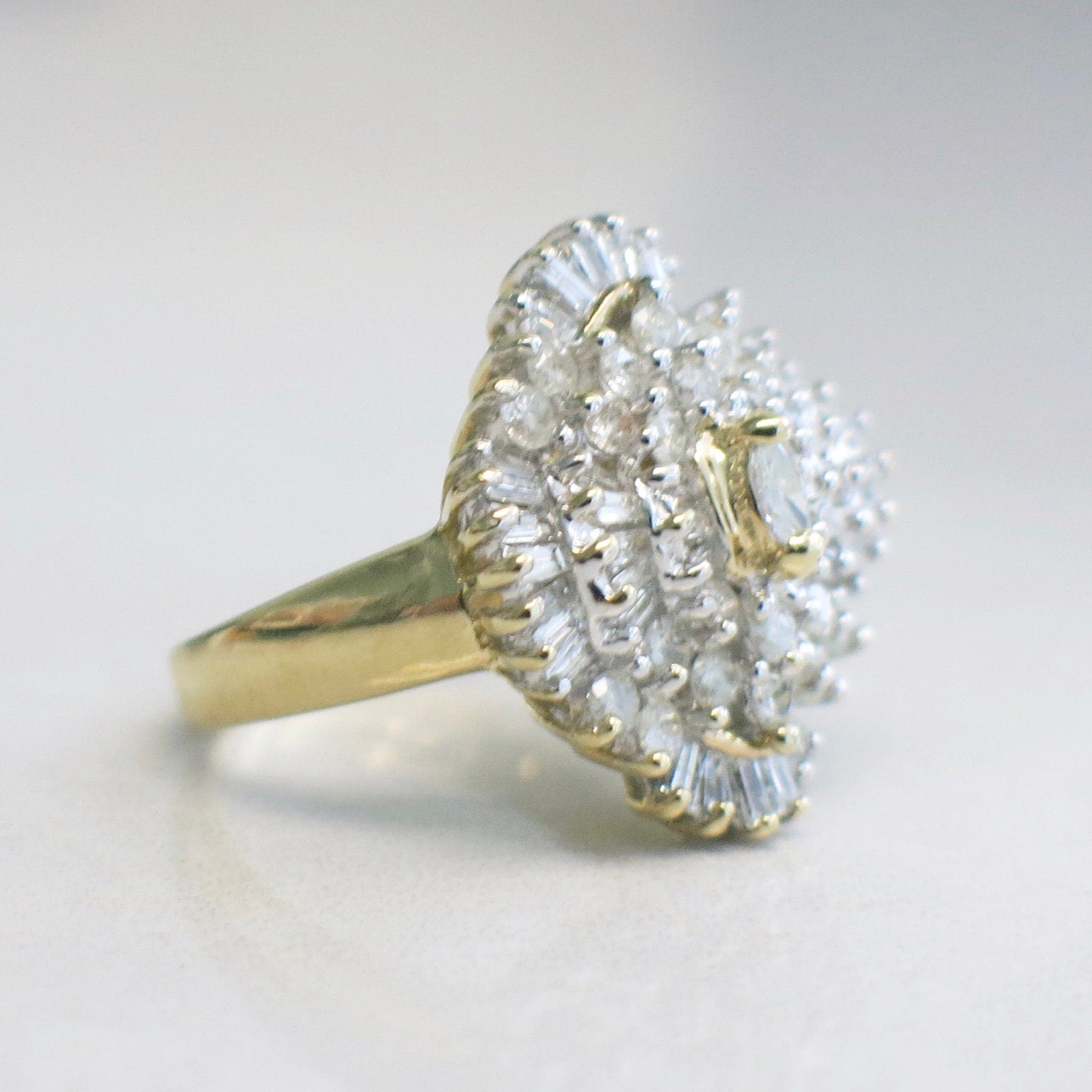 Diamond Cluster Cocktail Ring | 14K Yellow Gold Marquise, Baguette & Round Diamonds 1.16 CTW Size 6.5 - Black Market LLC