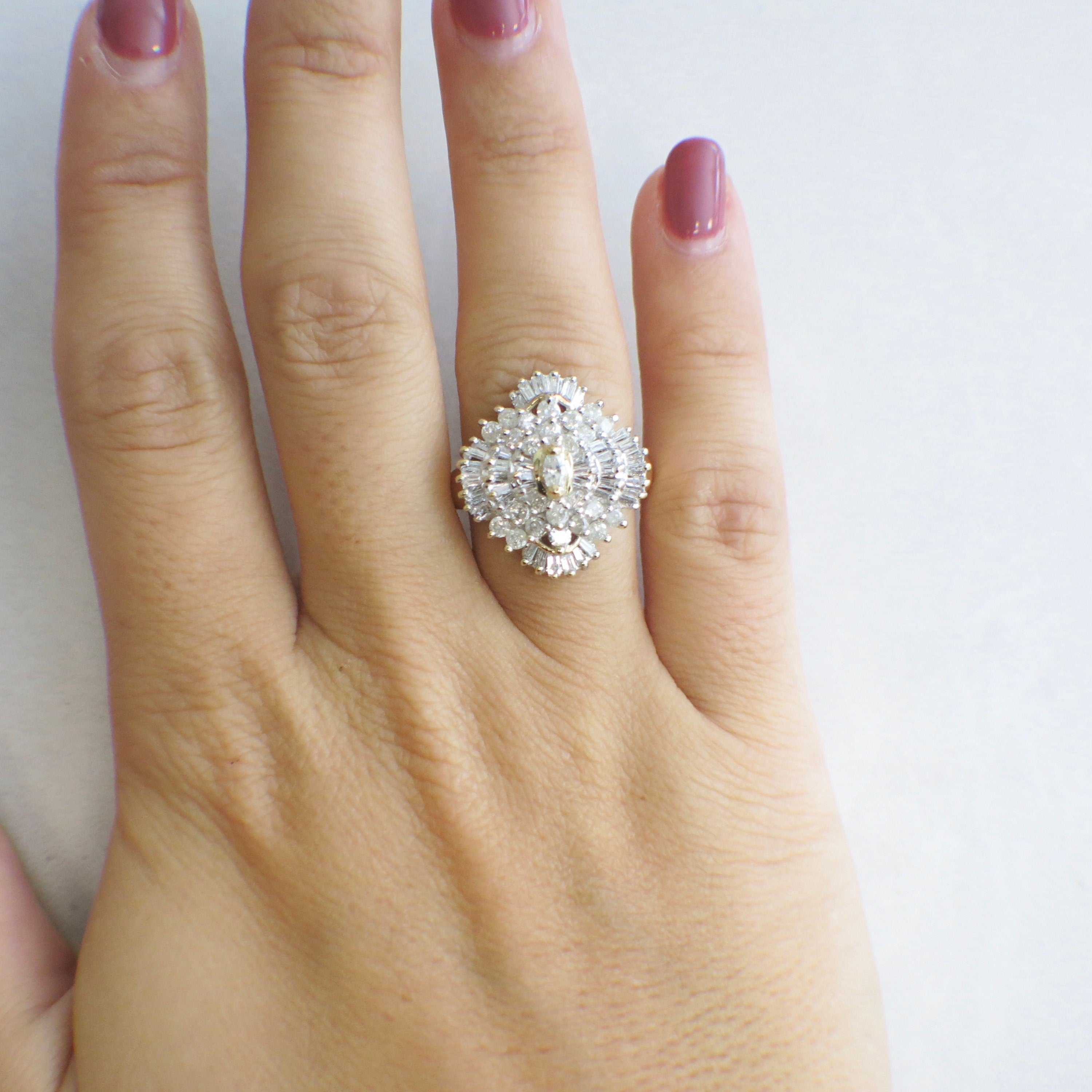 Diamond Cluster Cocktail Ring | 14K Yellow Gold Marquise, Baguette & Round Diamonds 1.16 CTW Size 6.5 - Black Market LLC