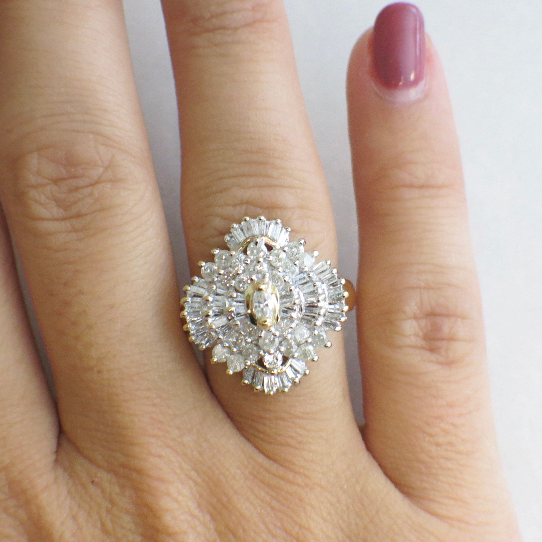 Diamond Cluster Cocktail Ring | 14K Yellow Gold Marquise, Baguette & Round Diamonds 1.16 CTW Size 6.5 - Black Market LLC