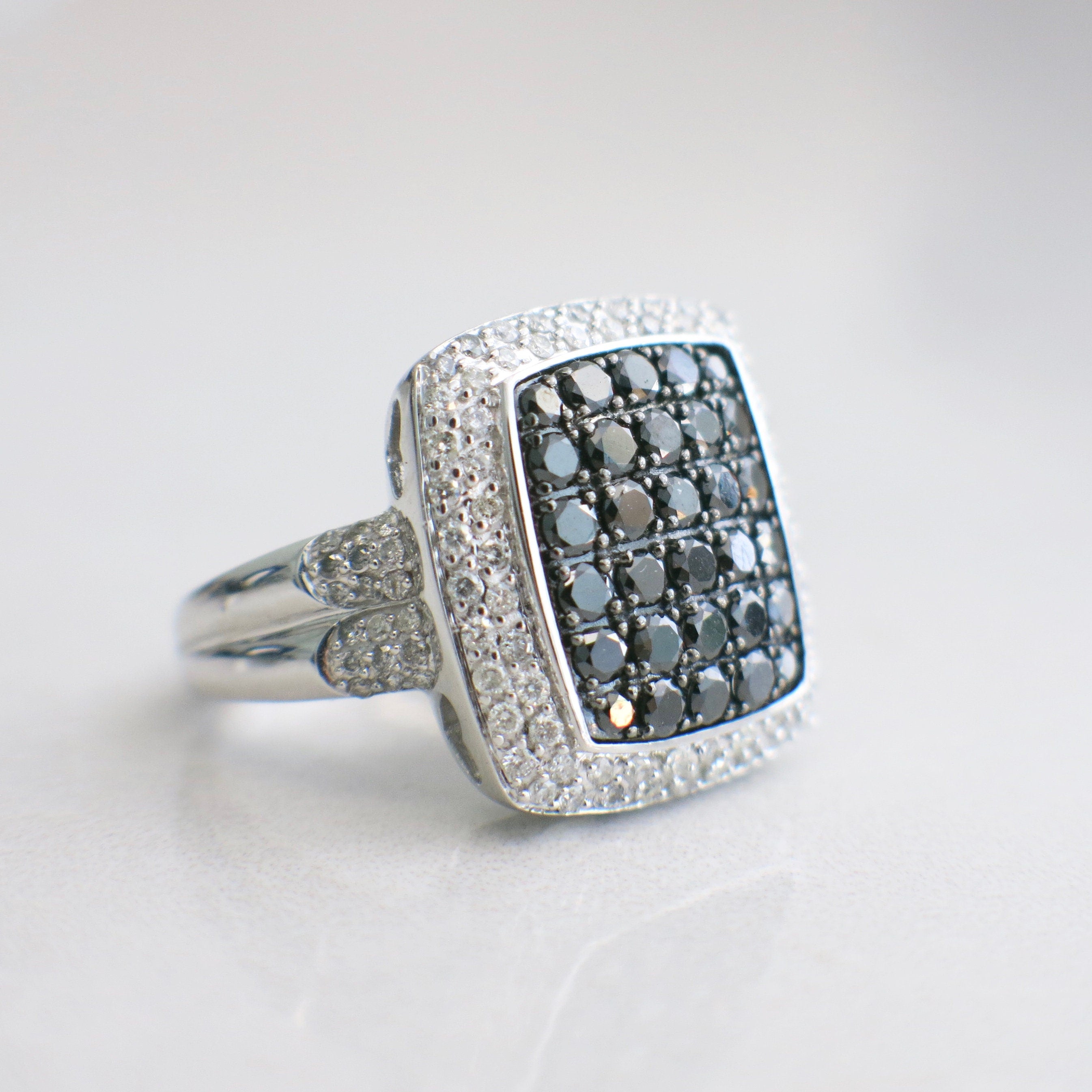 Statement Black and White Diamond Cluster Ring – 10K White Gold, 1.34 CTW, Size 6.75 - Black Market LLC