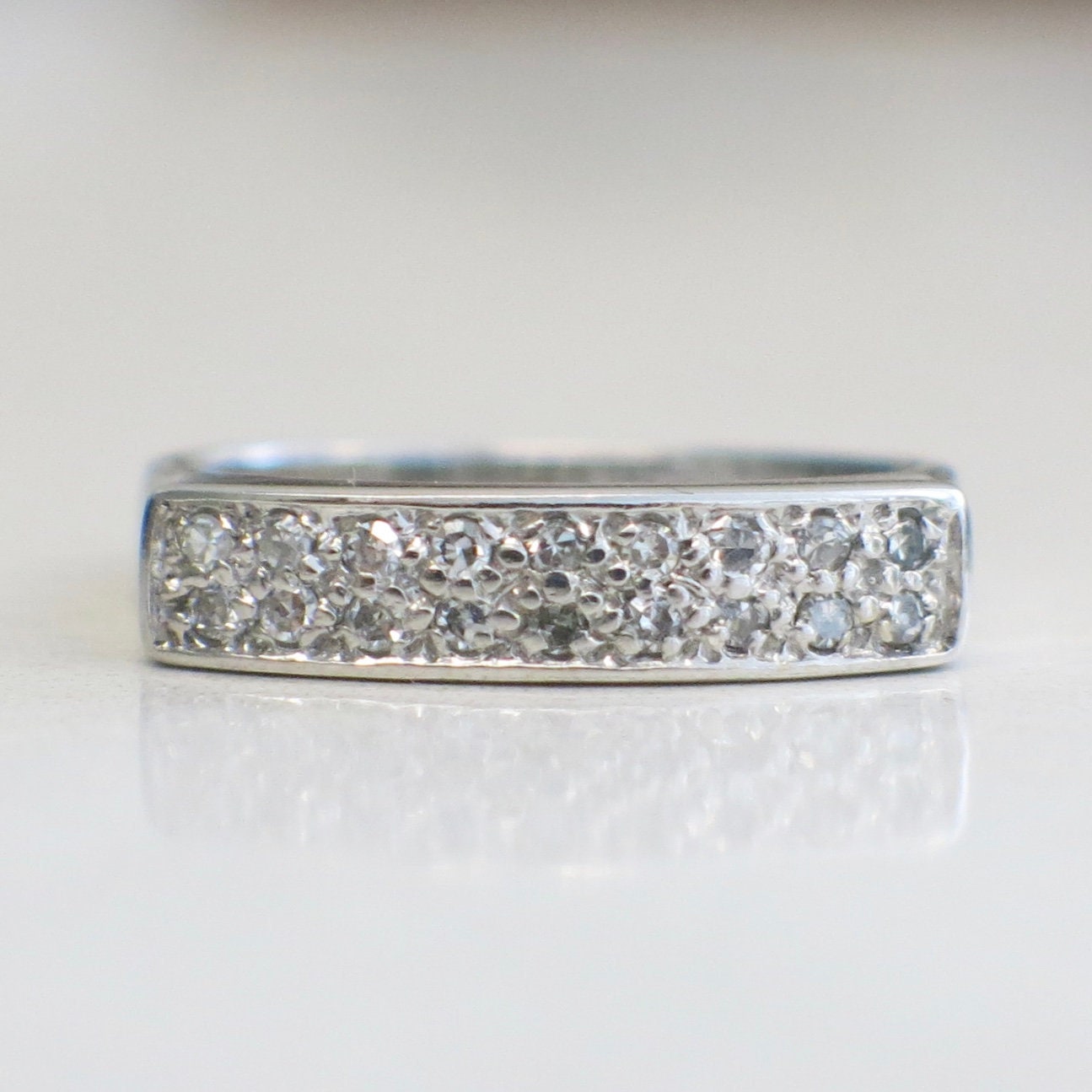 Vintage 14K White Gold Diamond Bar Ring | Stackable Flat Bar Band .27 CTW Size 6.75 - Black Market LLC