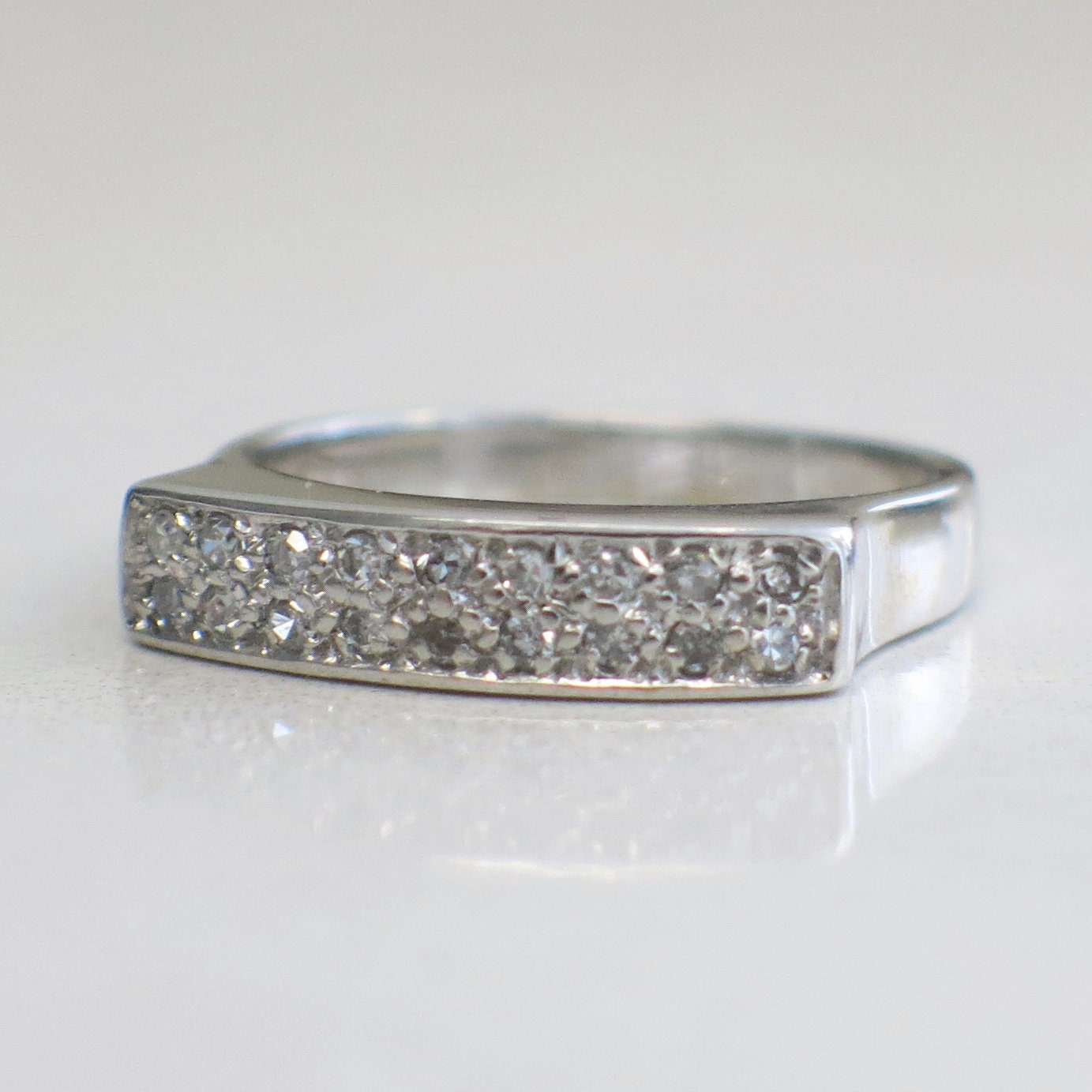 Vintage 14K White Gold Diamond Bar Ring | Stackable Flat Bar Band .27 CTW Size 6.75 - Black Market LLC