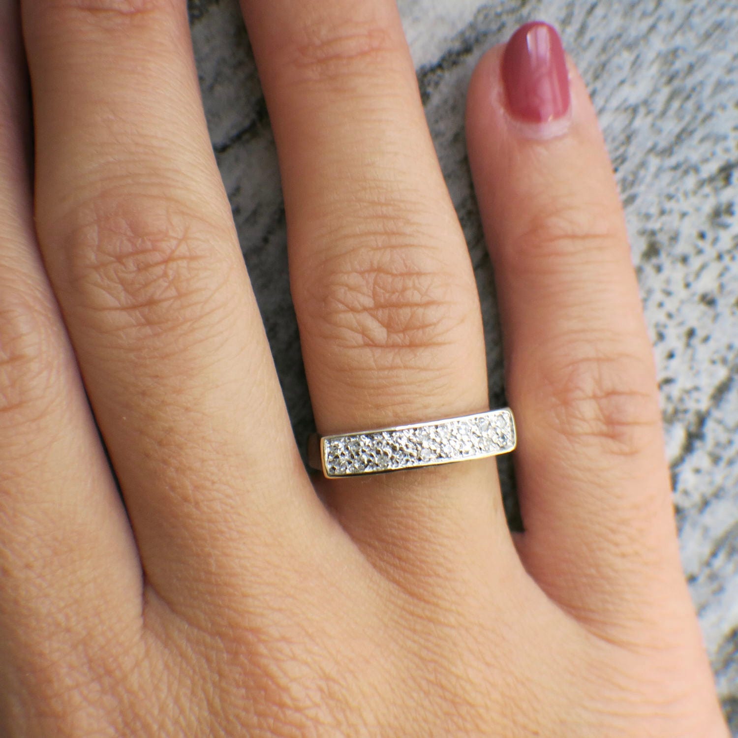 Vintage 14K white gold diamond bar ring by Black Market LLC, stackable flat band with .27 CTW, size 6.75, elegant diamond jewelry