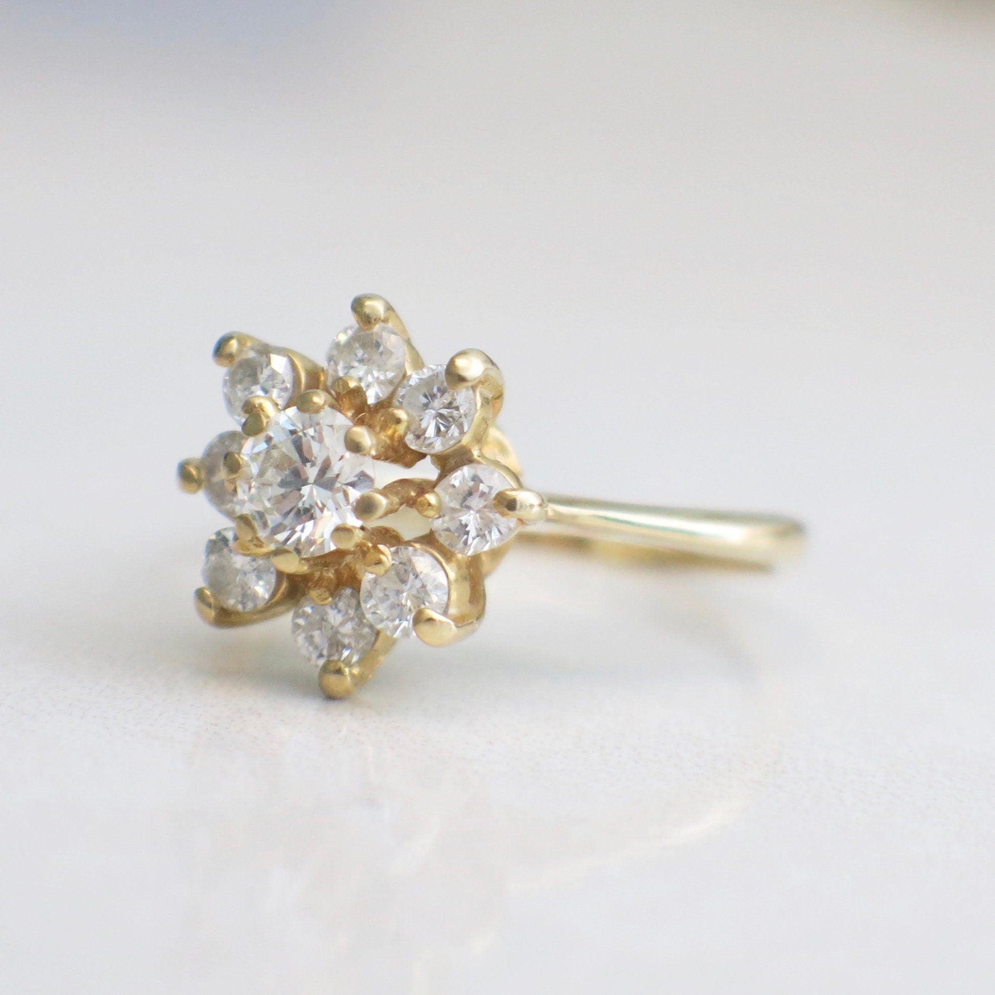 Vintage 14K Yellow Gold Diamond Flower Cluster Ring | Round Brilliant 1.02 CTW Size 7.5 - Black Market LLC
