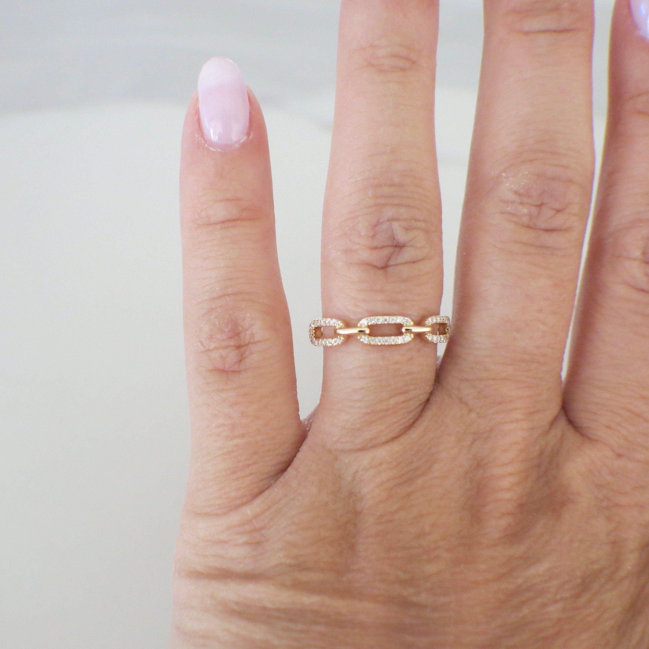 14K Gold Diamond Chain Link Ring | Dainty Stackable Band .16 CTW - Black Market LLC