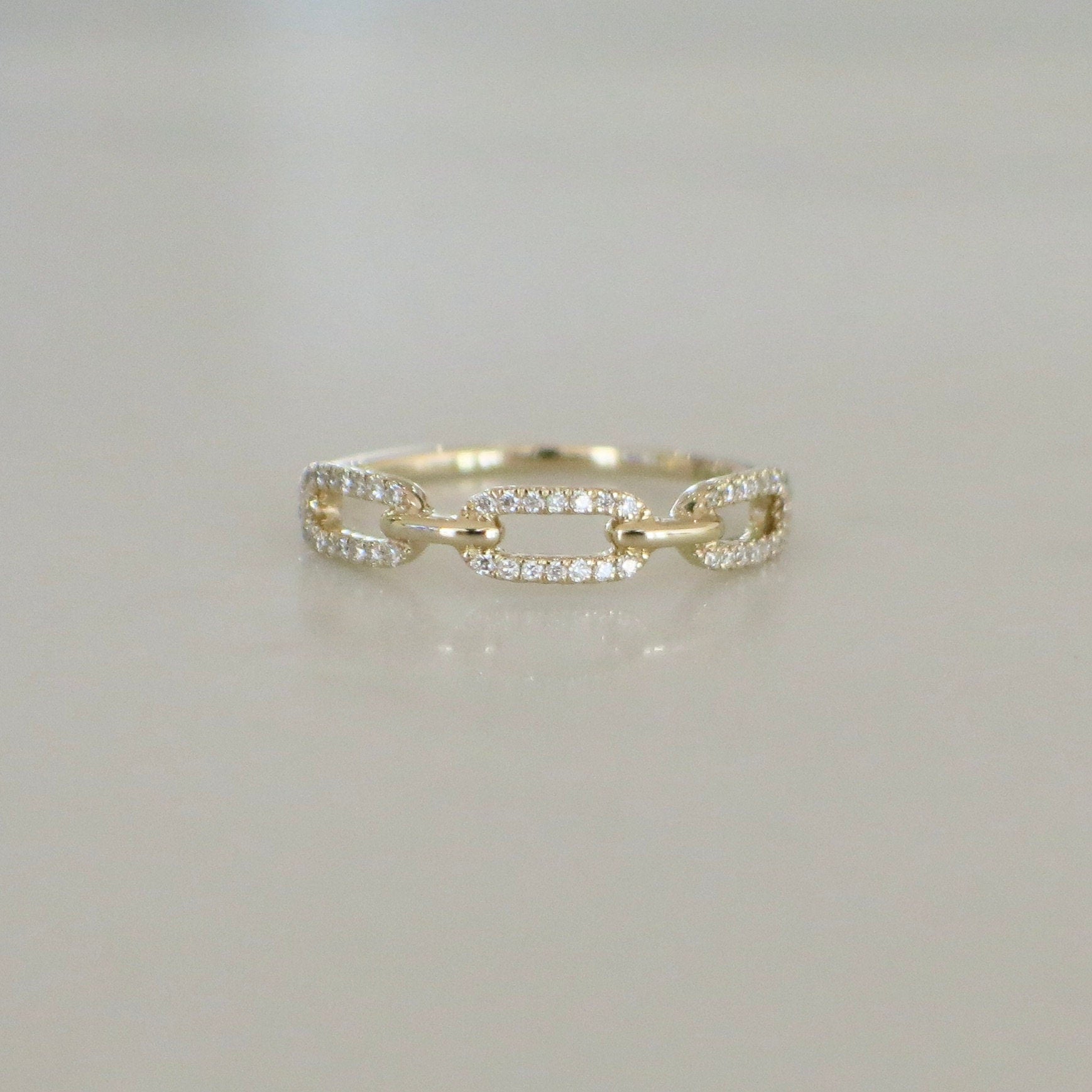 14K Gold Diamond Chain Link Ring | Dainty Stackable Band .16 CTW - Black Market LLC