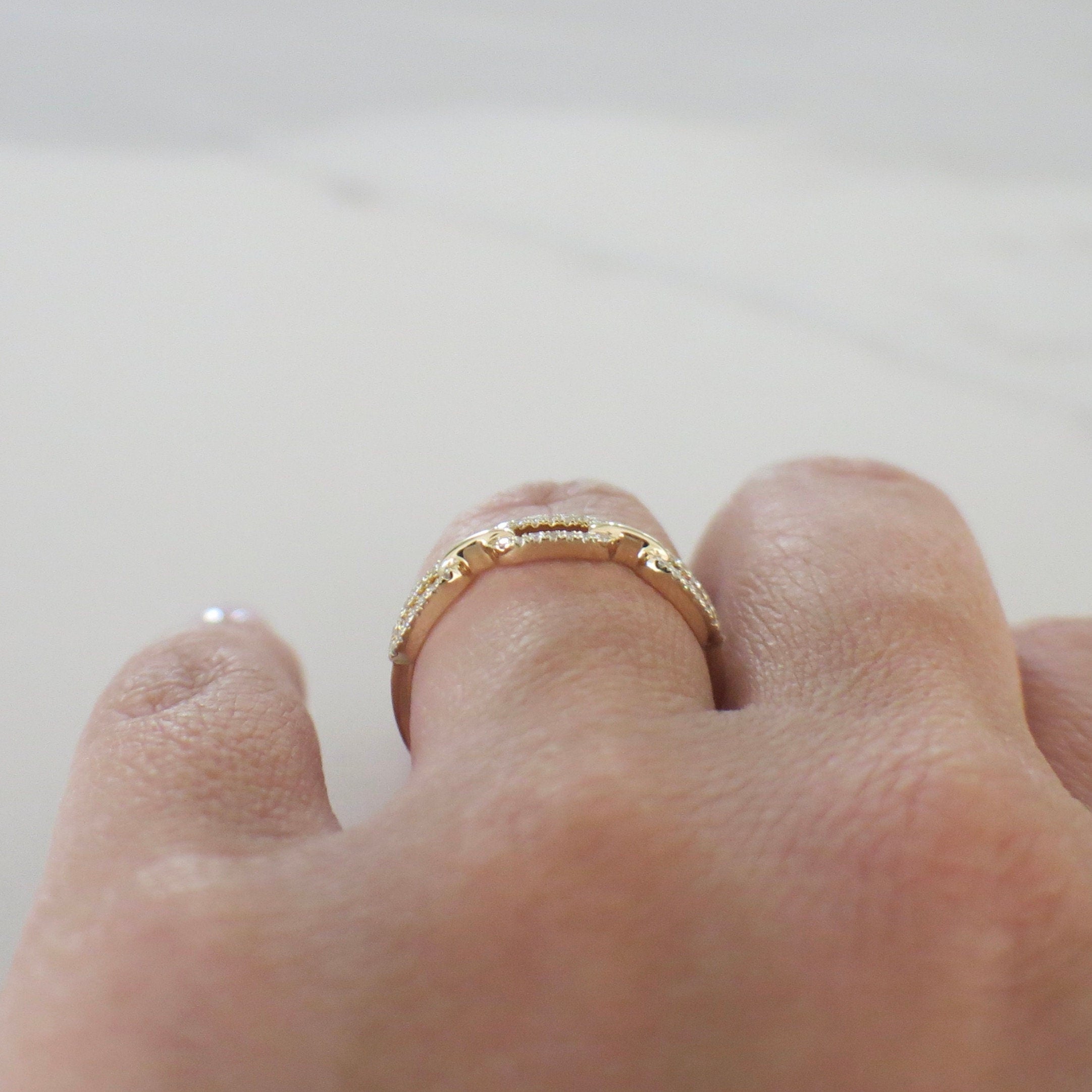 14K Gold Diamond Chain Link Ring | Dainty Stackable Band .16 CTW - Black Market LLC