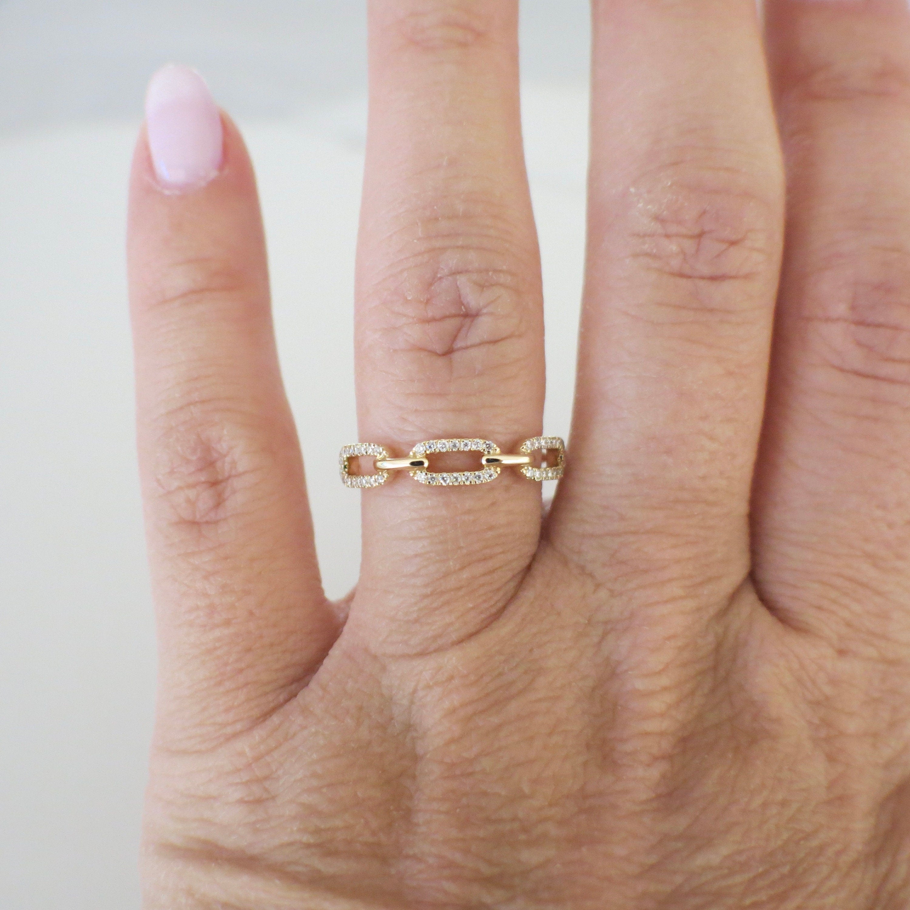14K Gold Diamond Chain Link Ring | Dainty Stackable Band .16 CTW - Black Market LLC