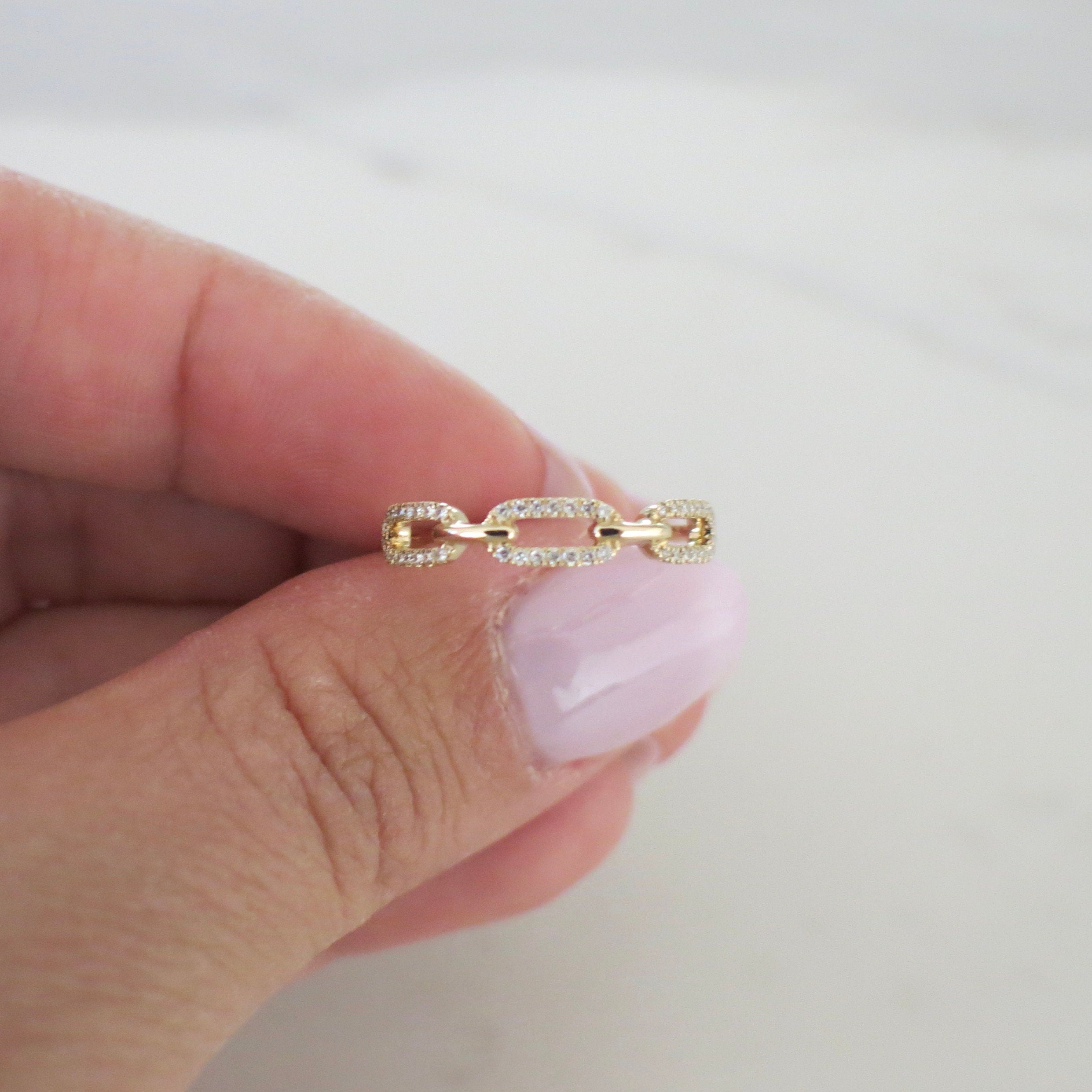 14K Gold Diamond Chain Link Ring | Dainty Stackable Band .16 CTW - Black Market LLC