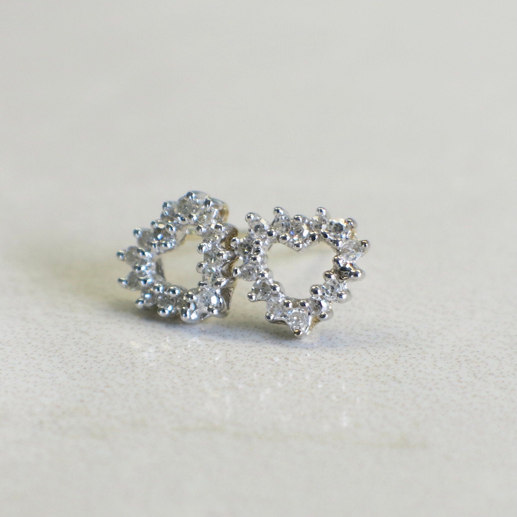 14K Gold Diamond Open Heart Earrings | Two-Tone White & Yellow Gold Studs - Black Market LLC