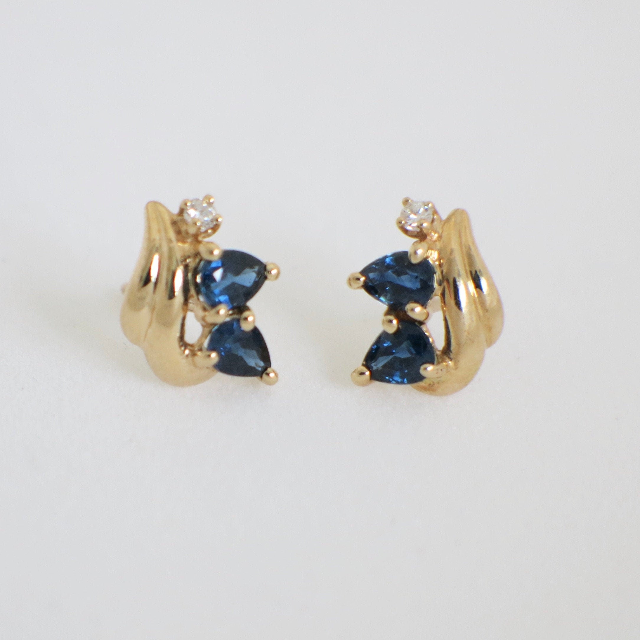 14K Gold Sapphire Earrings with Diamonds Vintage Yellow Gold Studs - Black Market LLC