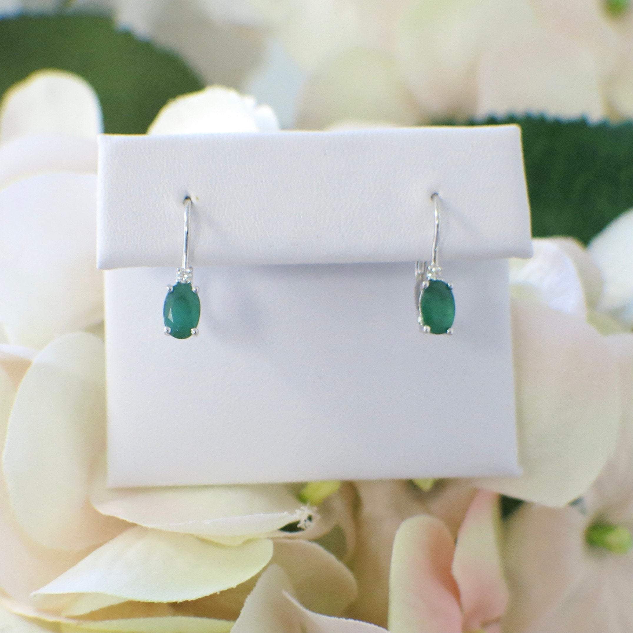 14K White Gold Emerald & Diamond Drop Earrings | Oval Emerald May Birthstone - Black Market LLC