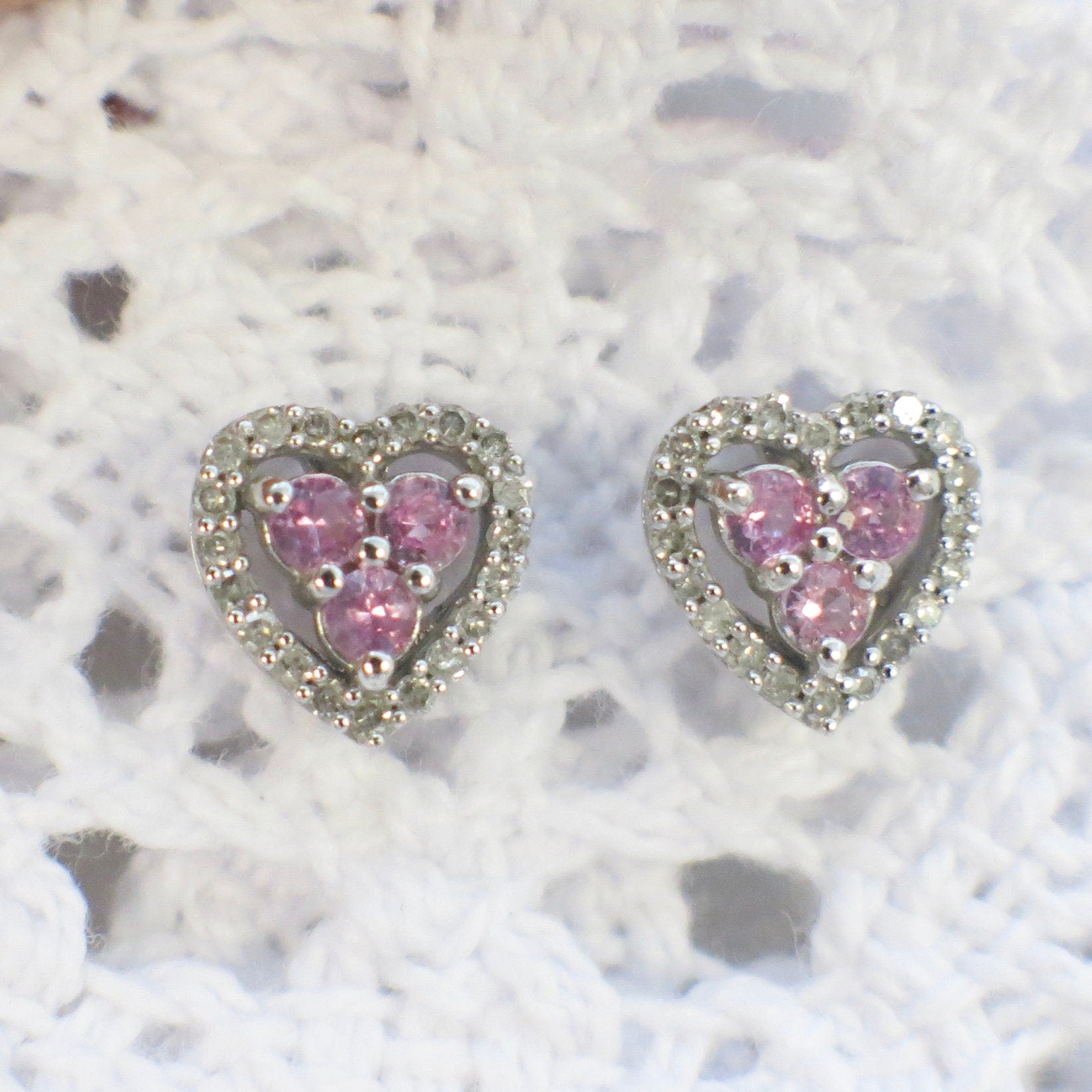 14K white gold pink sapphire and diamond heart earrings with cluster halo, elegant Valentine's jewelry by Black Market LLC