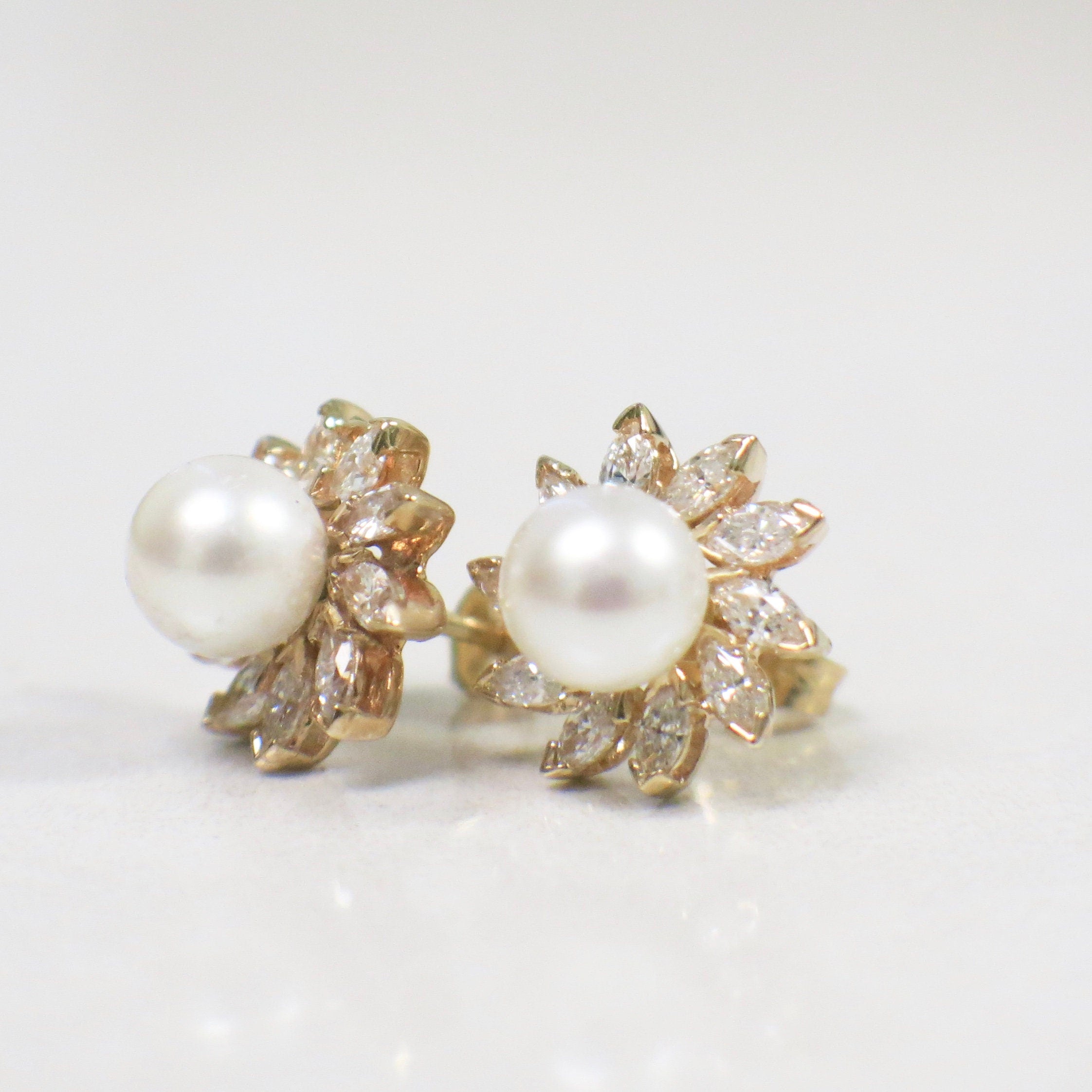 Marquise Diamond and Akoya Pearl Stud Earrings – 14K Yellow Gold Floral Burst - Black Market LLC