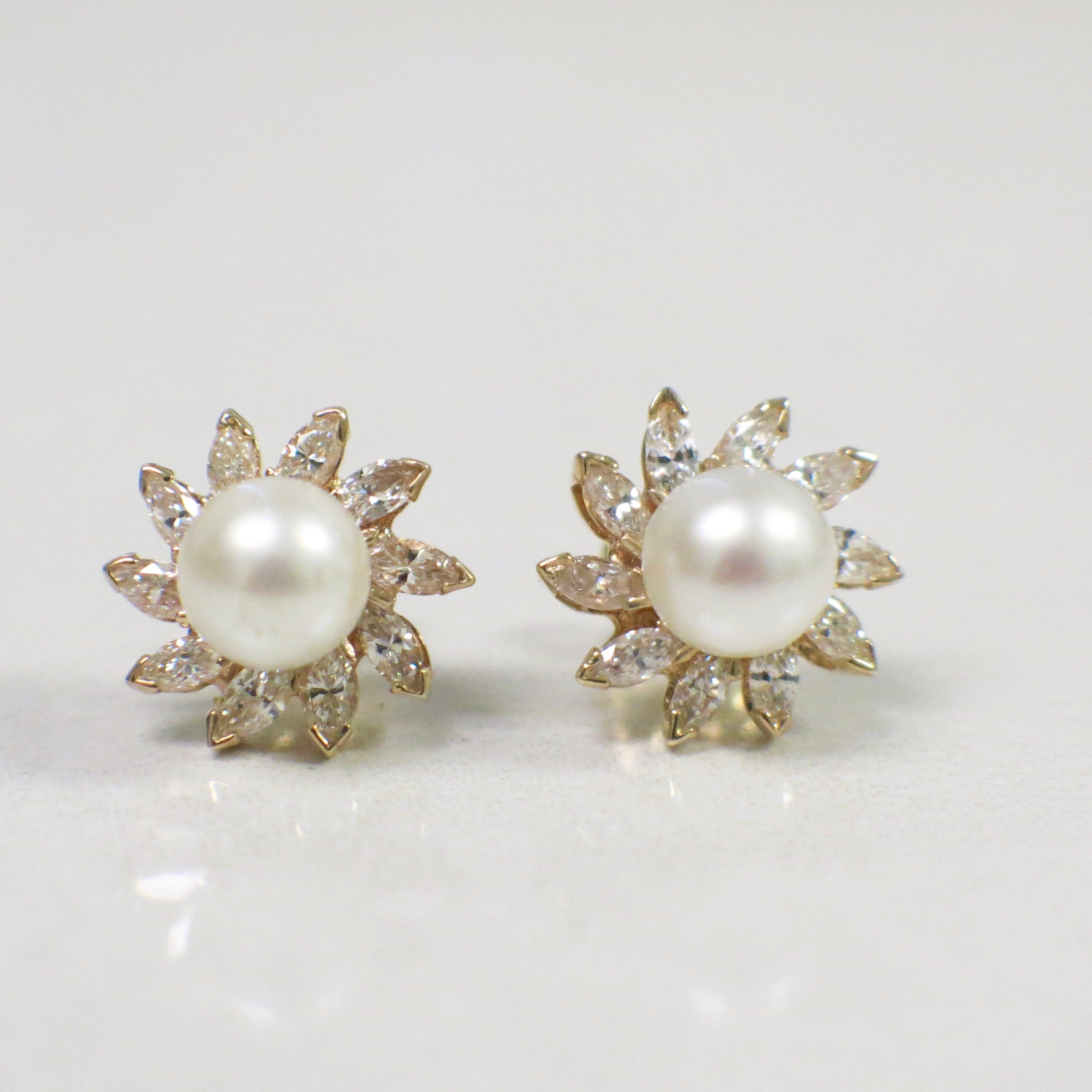 Marquise Diamond and Akoya Pearl Stud Earrings – 14K Yellow Gold Floral Burst - Black Market LLC