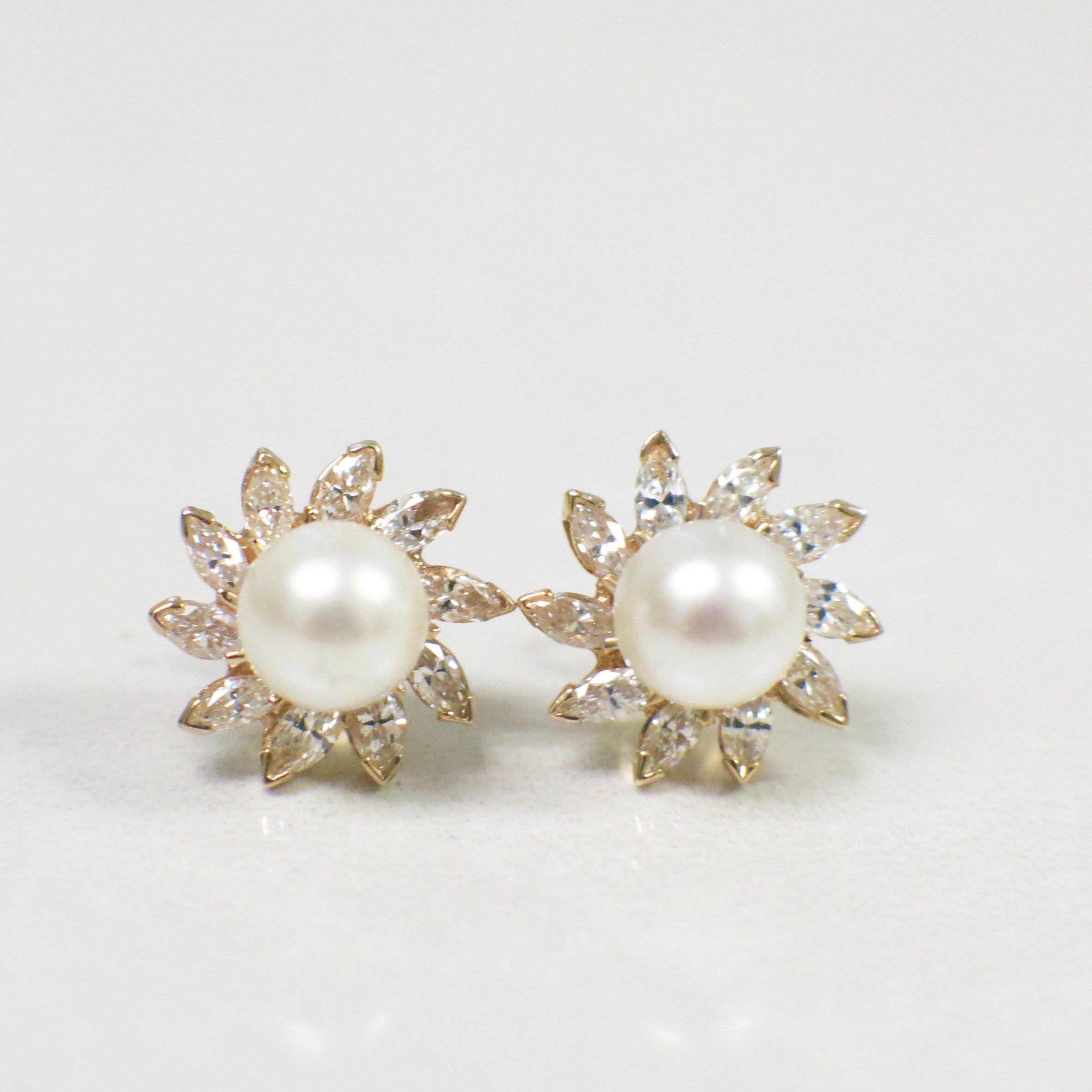 Marquise Diamond and Akoya Pearl Stud Earrings – 14K Yellow Gold Floral Burst - Black Market LLC