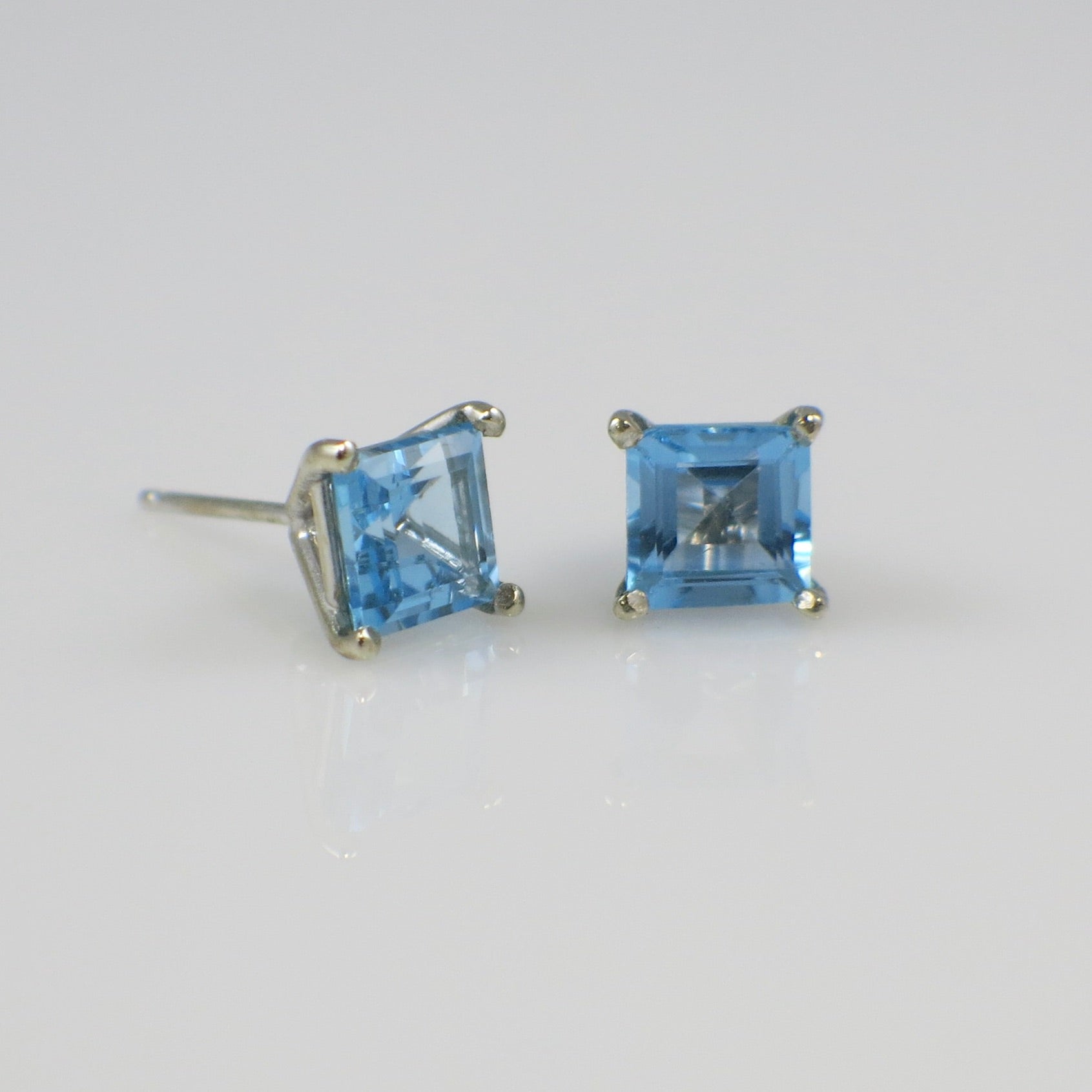 Swiss Blue Topaz Stud Earrings 14K White Gold | 6mm Square Step Cut - Black Market LLC