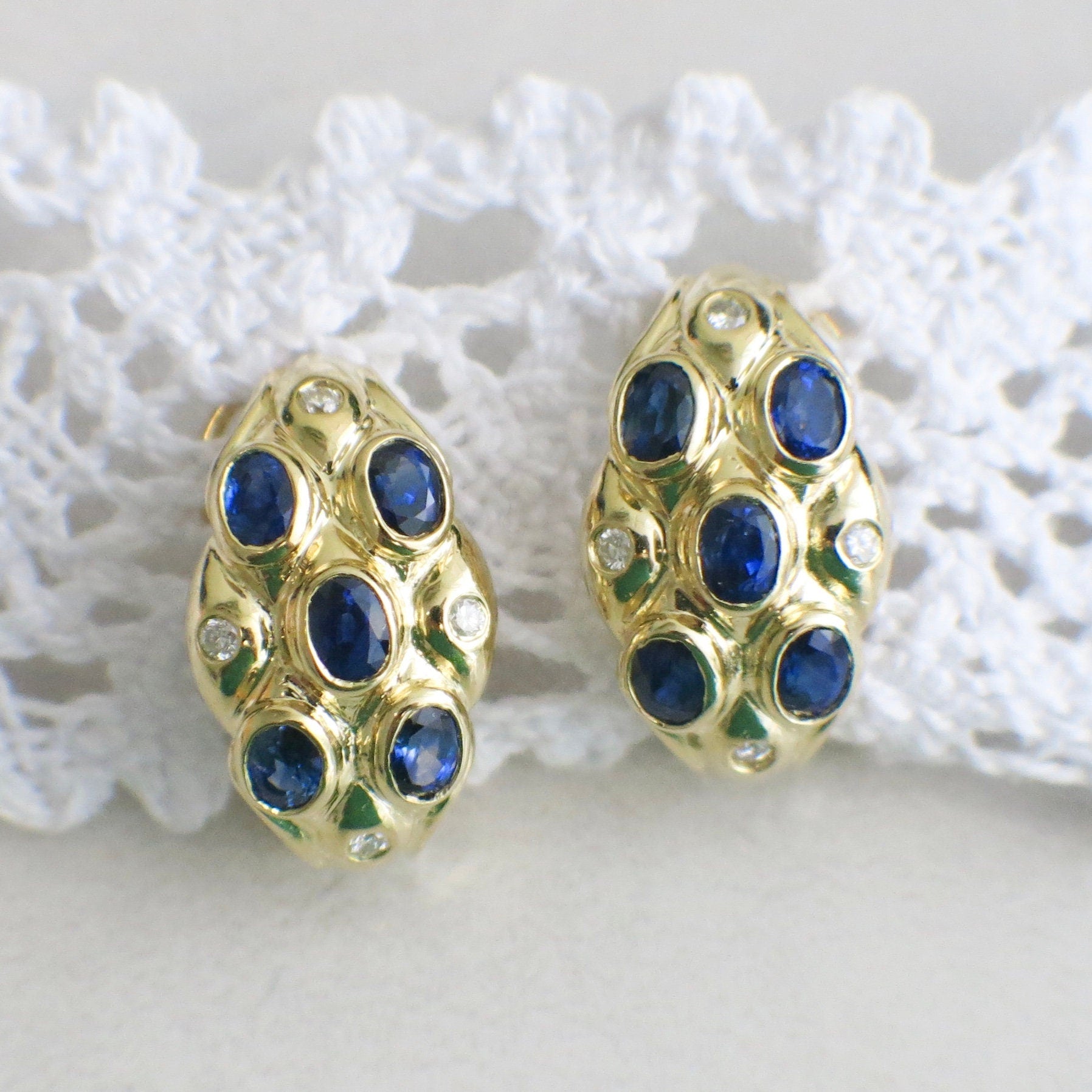 Vintage 14K Yellow Gold Sapphire and Diamond Earrings – Oval, French Clip - Black Market LLC