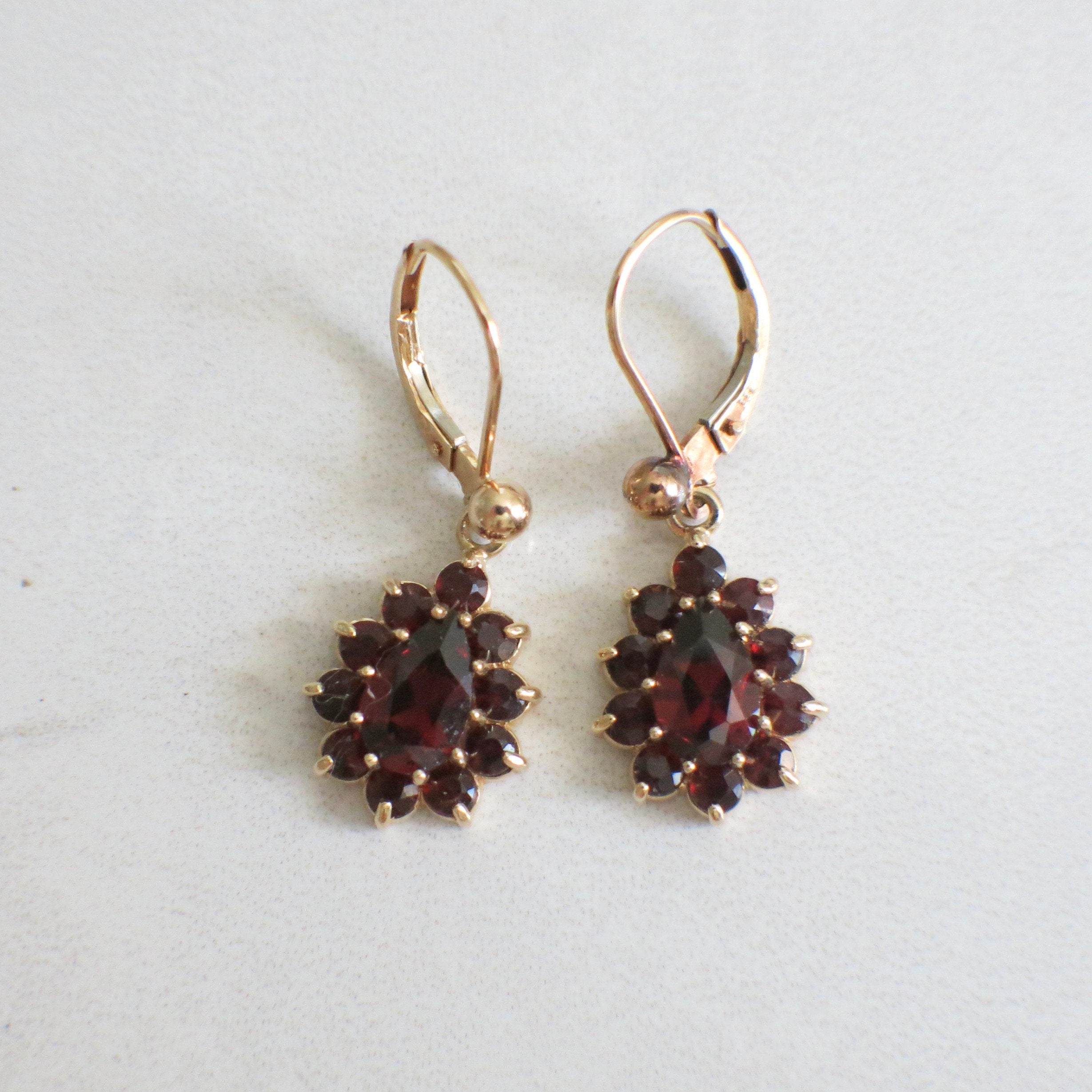 Vintage Garnet Dangle Earrings – 14K Yellow Gold Pear Halo Drop - Black Market LLC