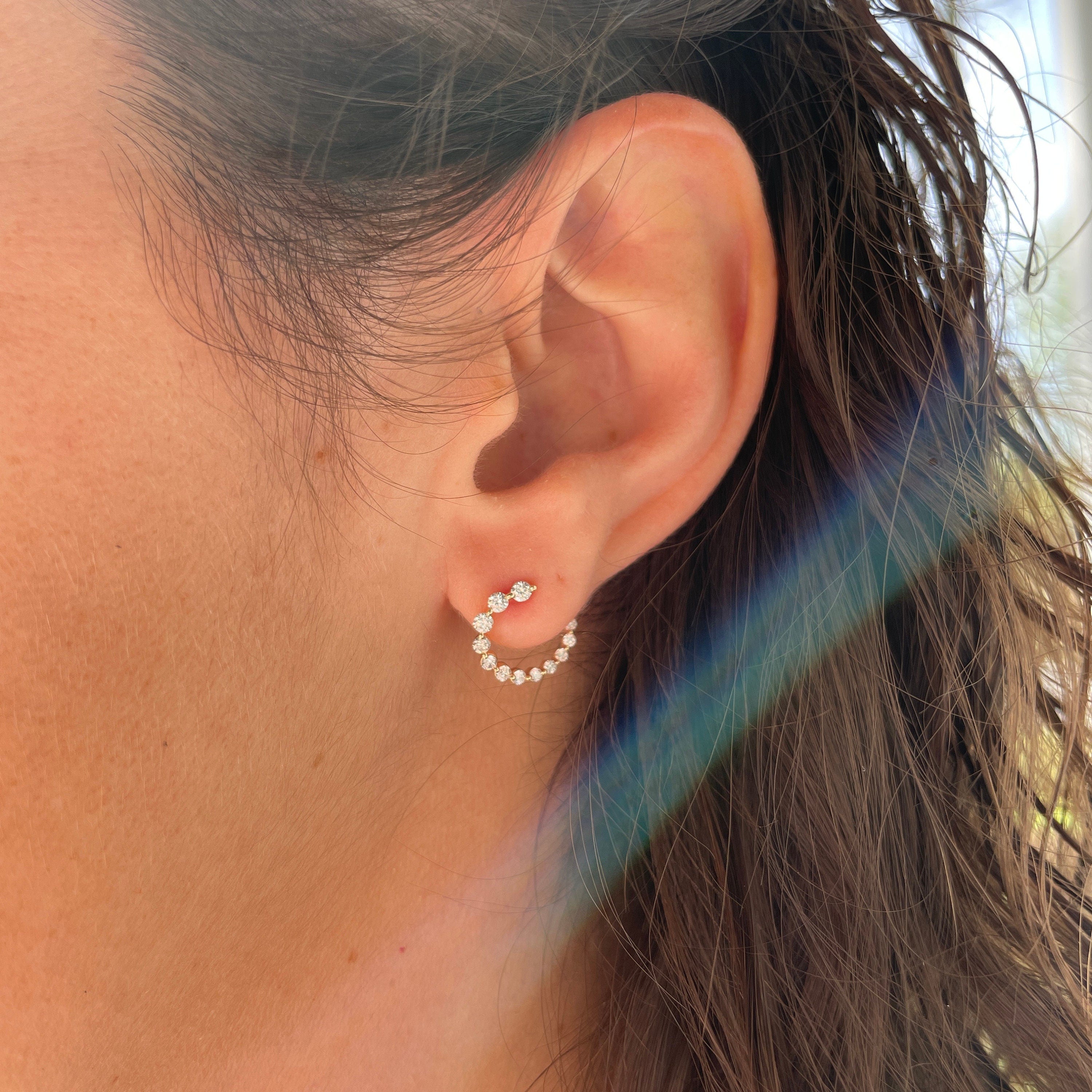 Rose gold 14K gold diamond hoop earrings by Black Market LLC with front-to-back dangle design in yellow, white, or rose gold.