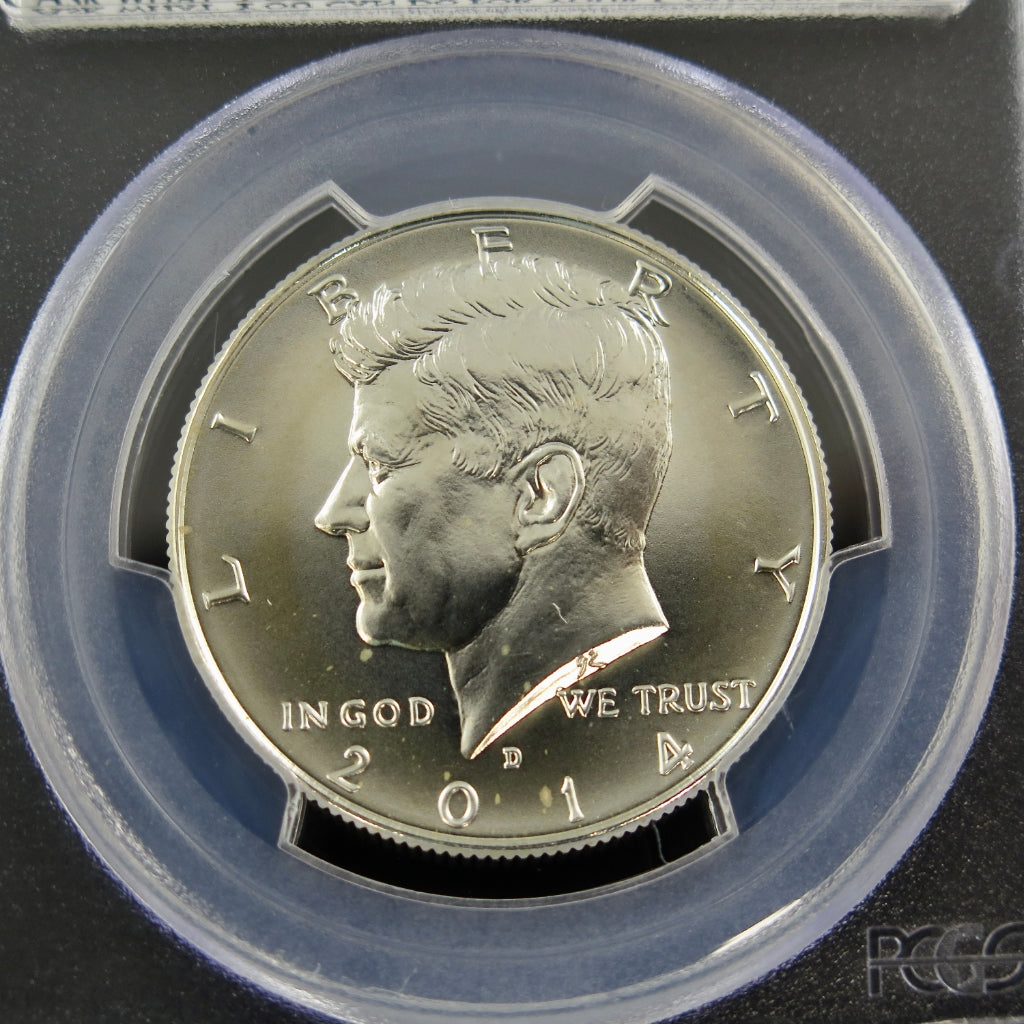 2014-D Kennedy Half Dollar PCGS MS70 First Strike 90% Silver 50th Anniversary issue coin showing obverse with Kennedy portrait