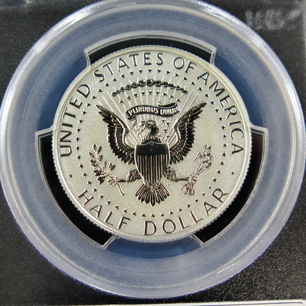 2014-W Kennedy Half Dollar reverse proof silver coin, PCGS PR70 First Strike, 50th Anniversary, displayed with detailed design.