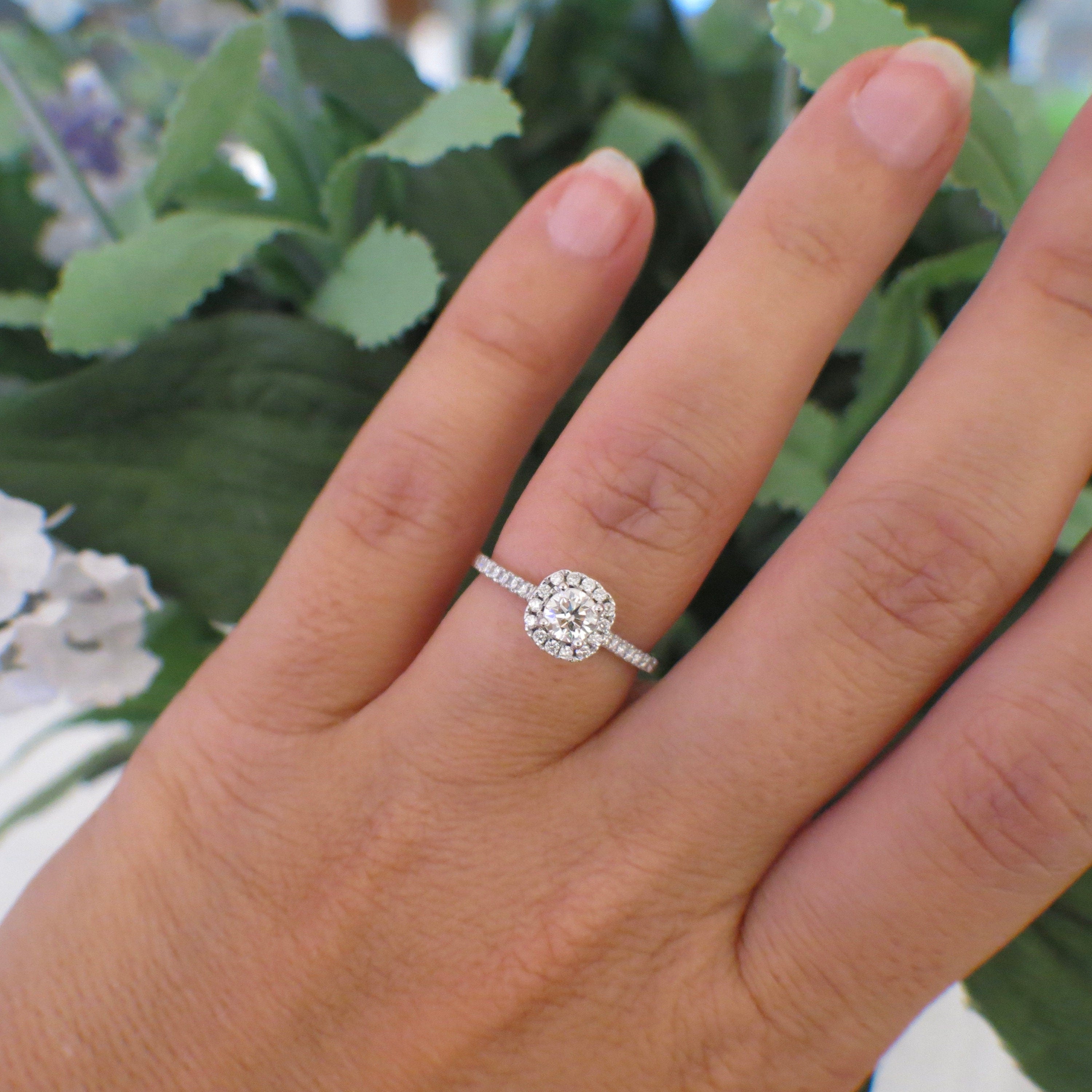 14K white gold diamond halo engagement ring by Lillian James Bridal, featuring round brilliant diamonds, petite design, size 5.25.