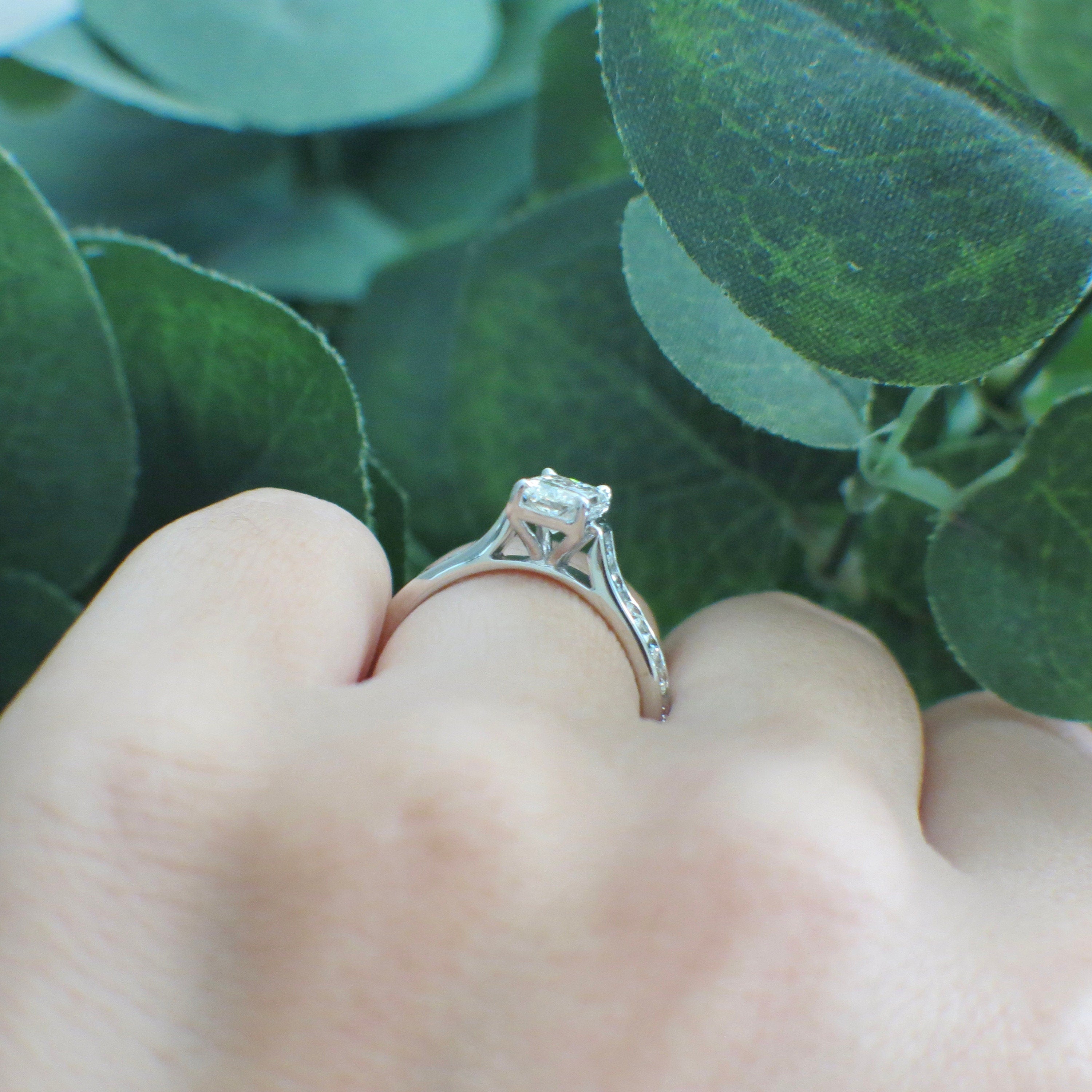 14K White Gold Radiant Cut Diamond Engagement Ring – 1.61 CTW, Channel Set Cathedral Style, Size 7.5 - Black Market LLC