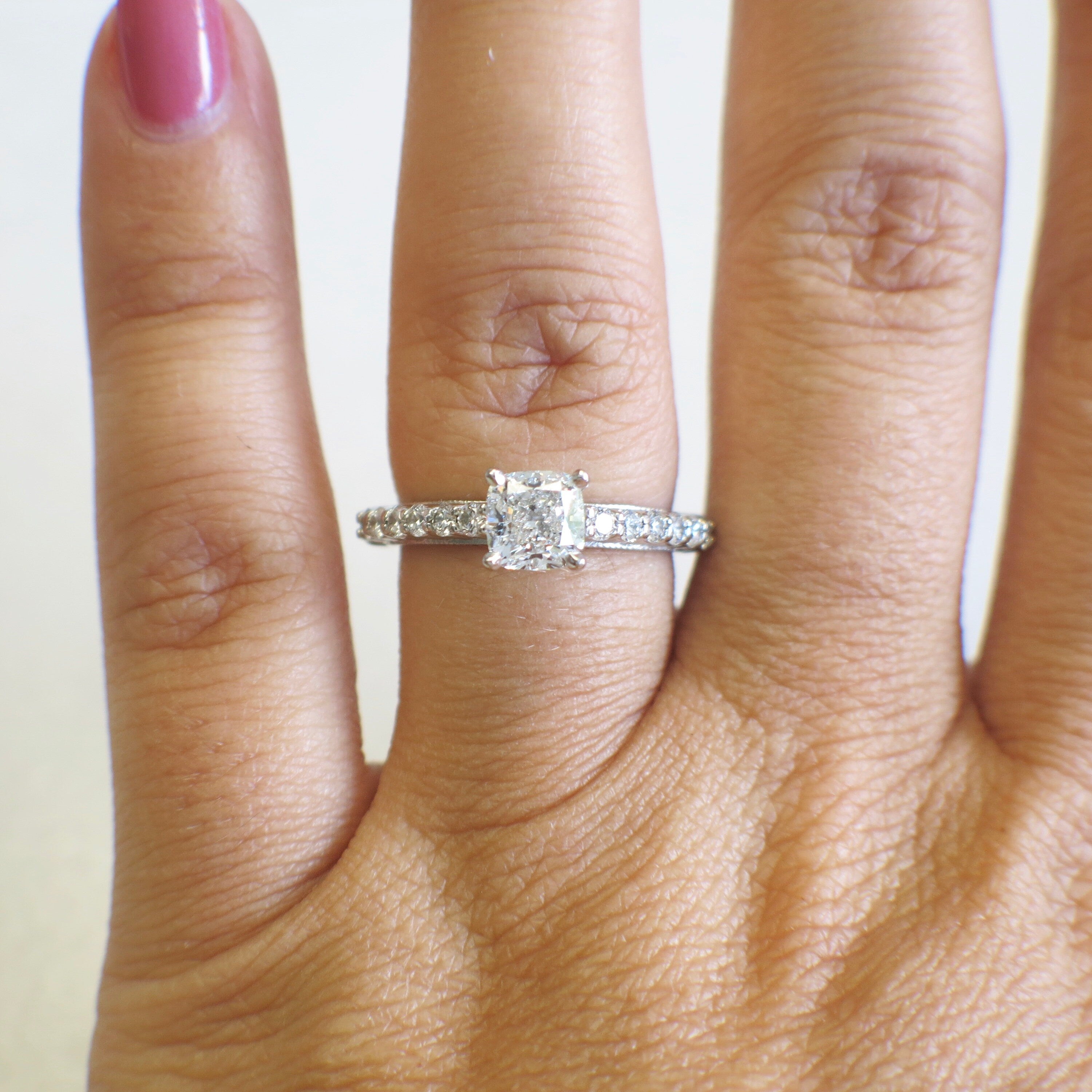 GIA Cushion Cut Diamond Engagement Ring Platinum 1.01ct Center Milgrain Accent Band 1.38ctw Size 5.5 Certified SI1 G - Black Market LLC