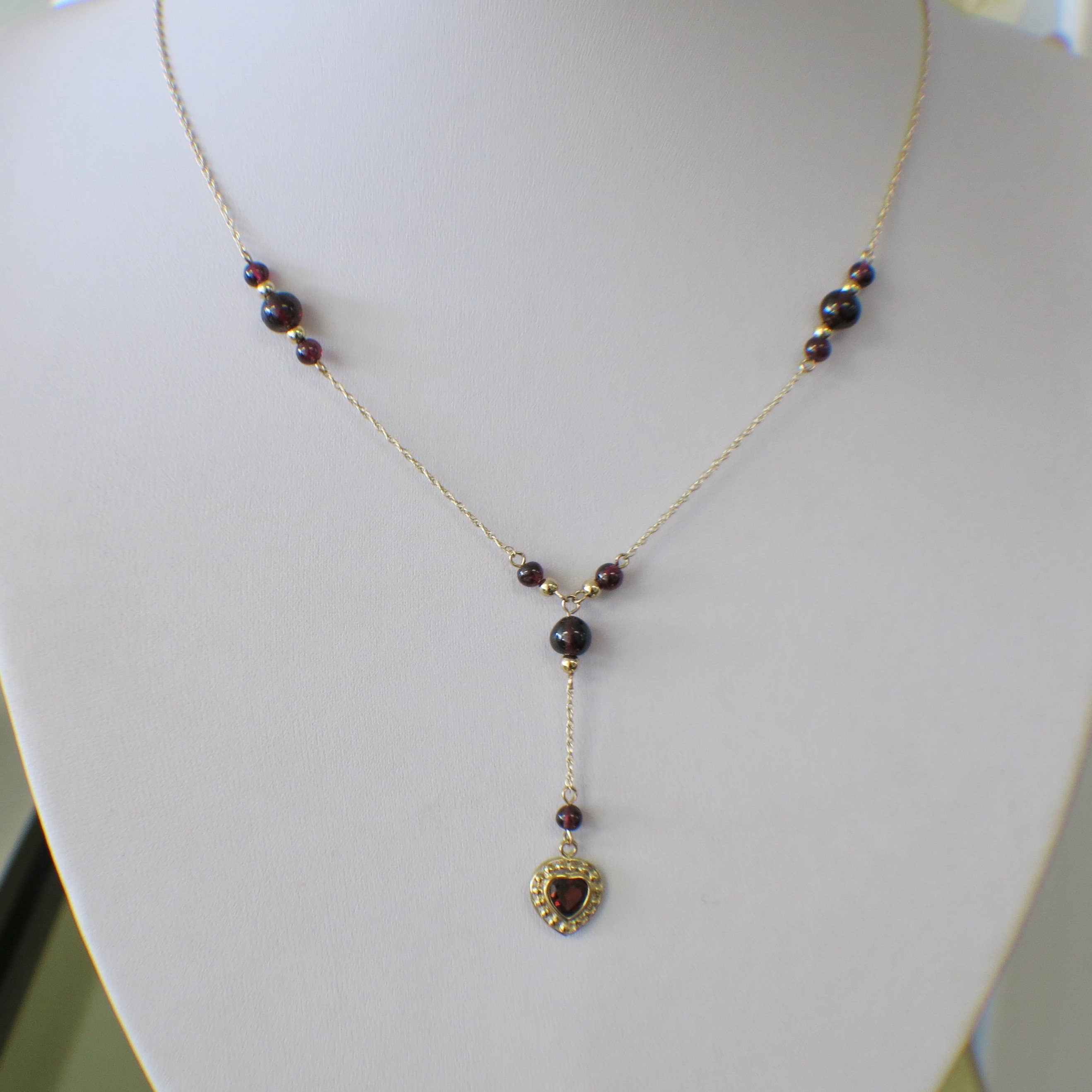 14K Gold Garnet Bead Drop Necklace with Heart Charm | Rhodolite Garnet Dangle - Black Market LLC