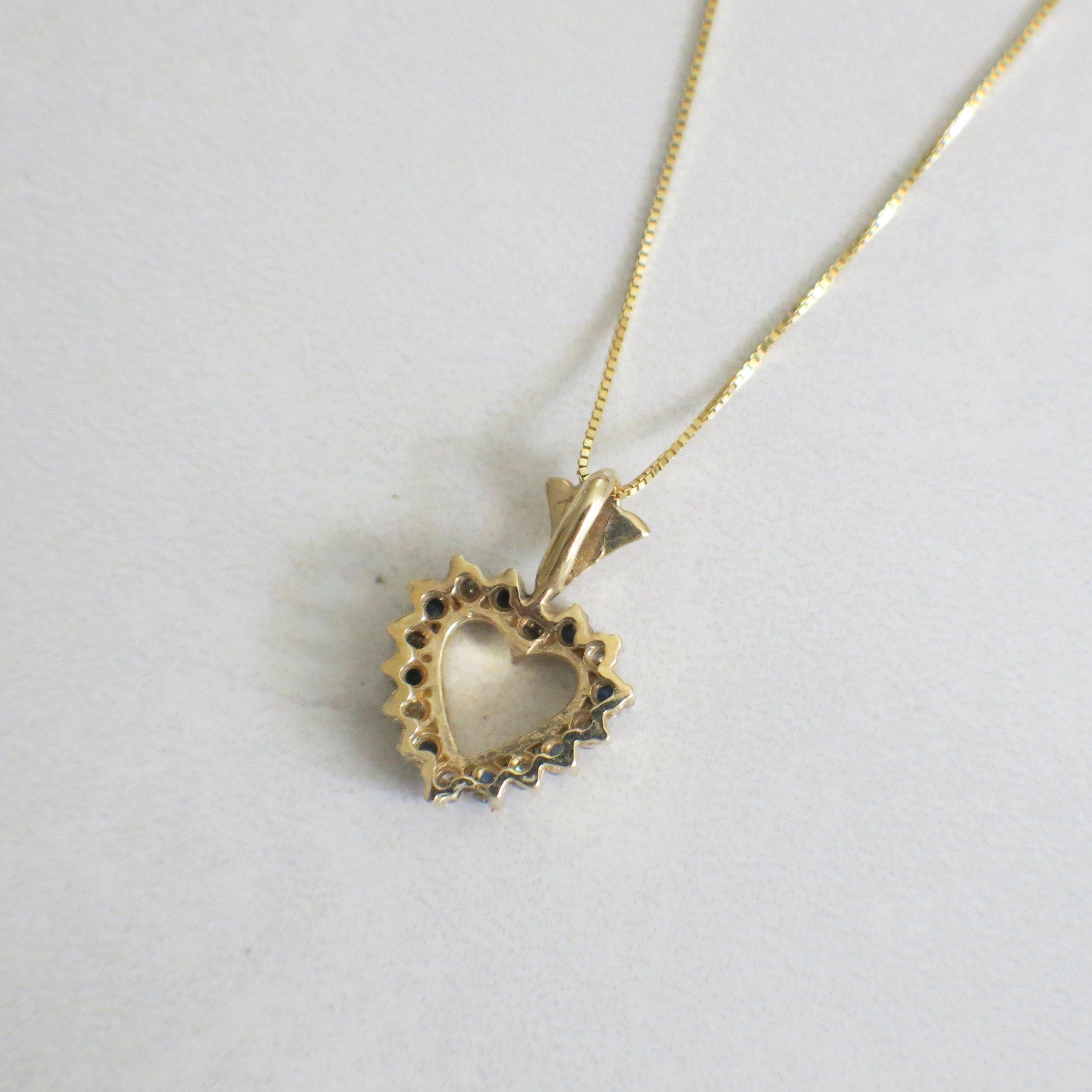 14K gold open heart pendant necklace with diamonds and blue sapphires, vintage style, 18 inches long.