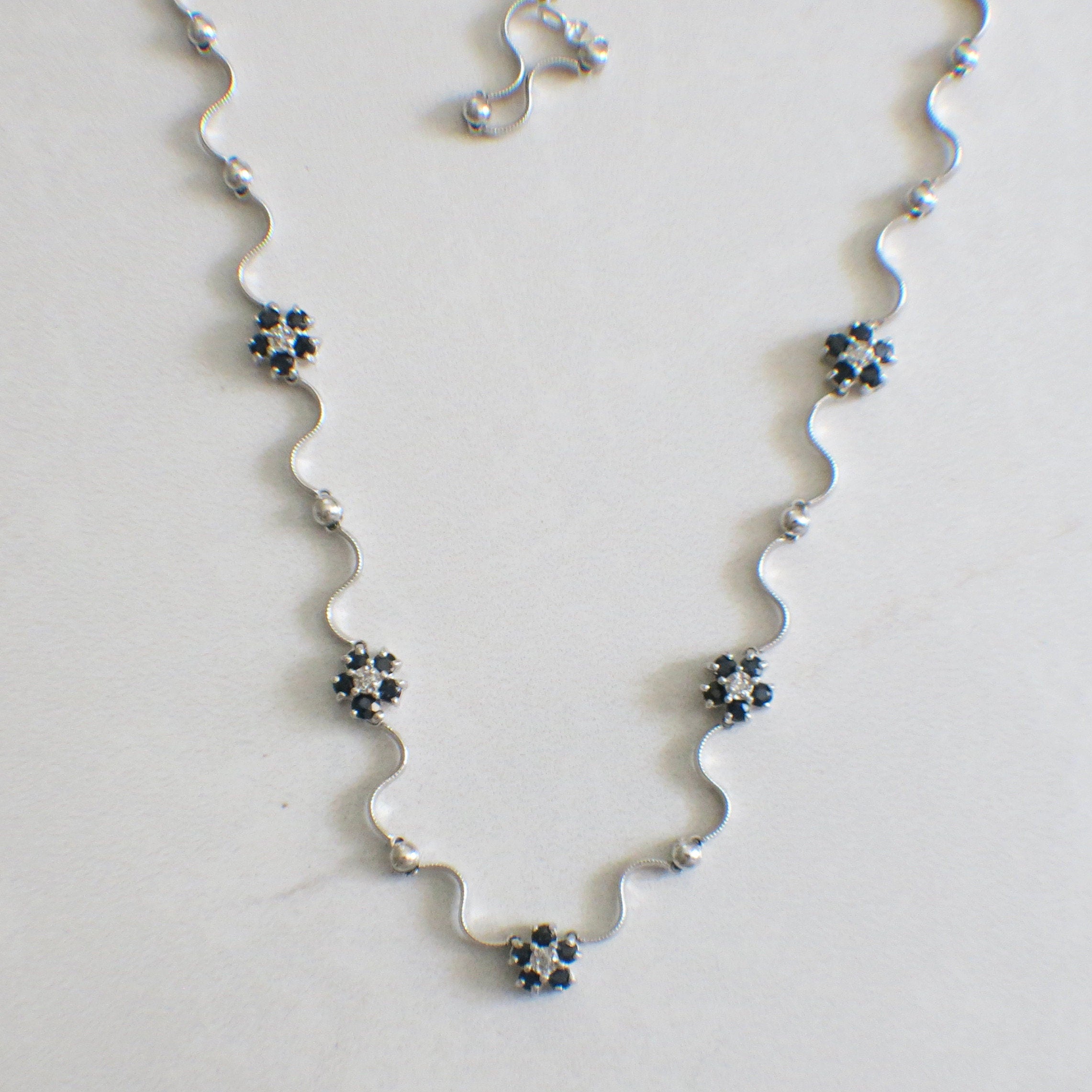 14K White Gold Sapphire & Diamond Station Necklace – Floral Beaded Design, 16" - Black Market LLC