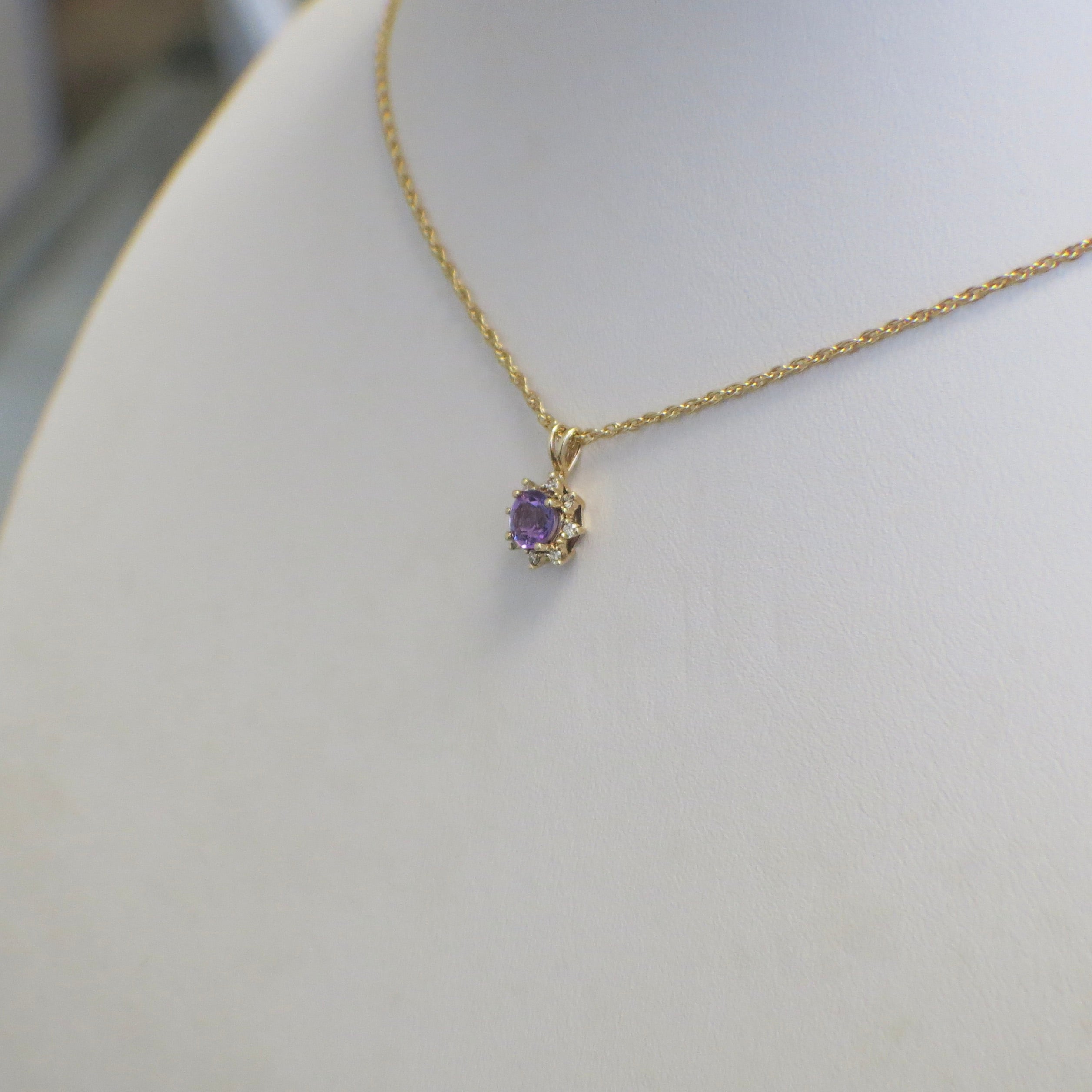 14K Yellow Gold Amethyst and Diamond Floral Pendant Necklace – 18 Inch - Black Market LLC