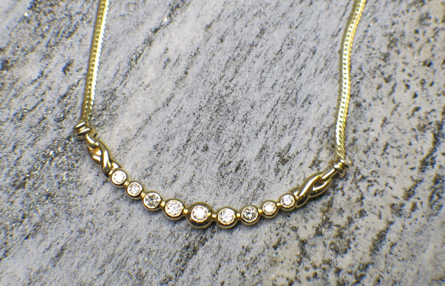 14K Yellow Gold Diamond Bar Necklace | Graduated Bezel-Set Curve with 9 Diamonds 17 Inch - Black Market LLC