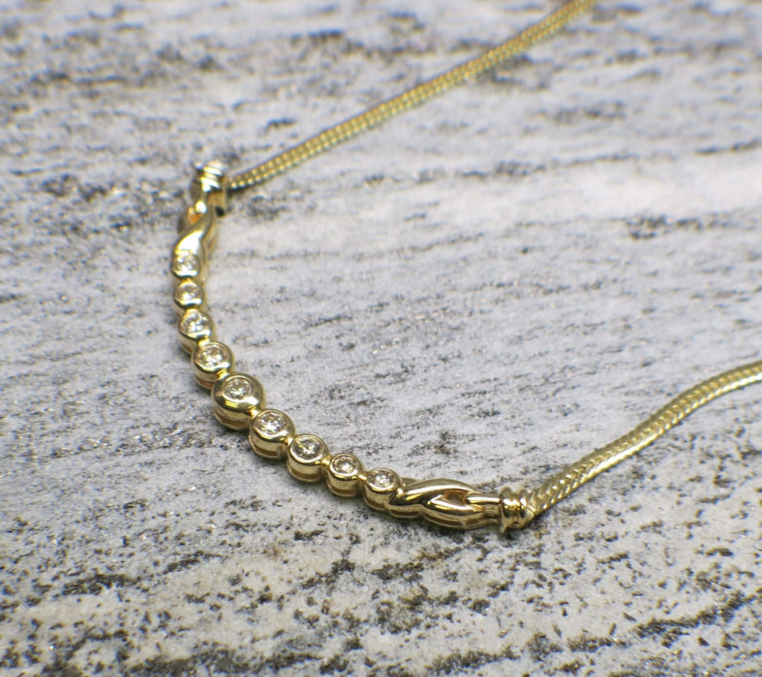 14K Yellow Gold Diamond Bar Necklace | Graduated Bezel-Set Curve with 9 Diamonds 17 Inch - Black Market LLC