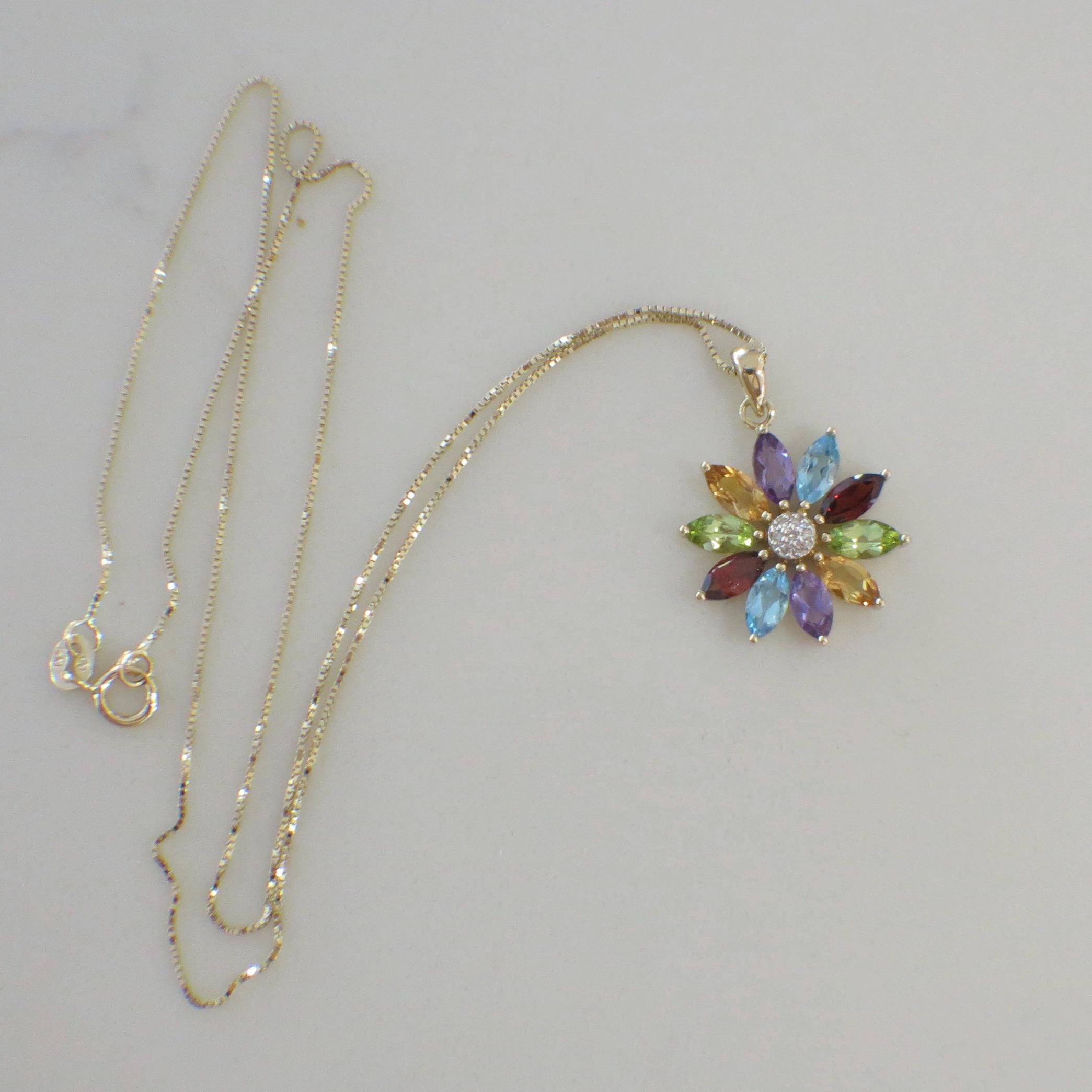 14K Yellow Gold Multi-Gemstone & Diamond Flower Necklace – Amethyst, Peridot, Citrine, Topaz, Garnet - Black Market LLC