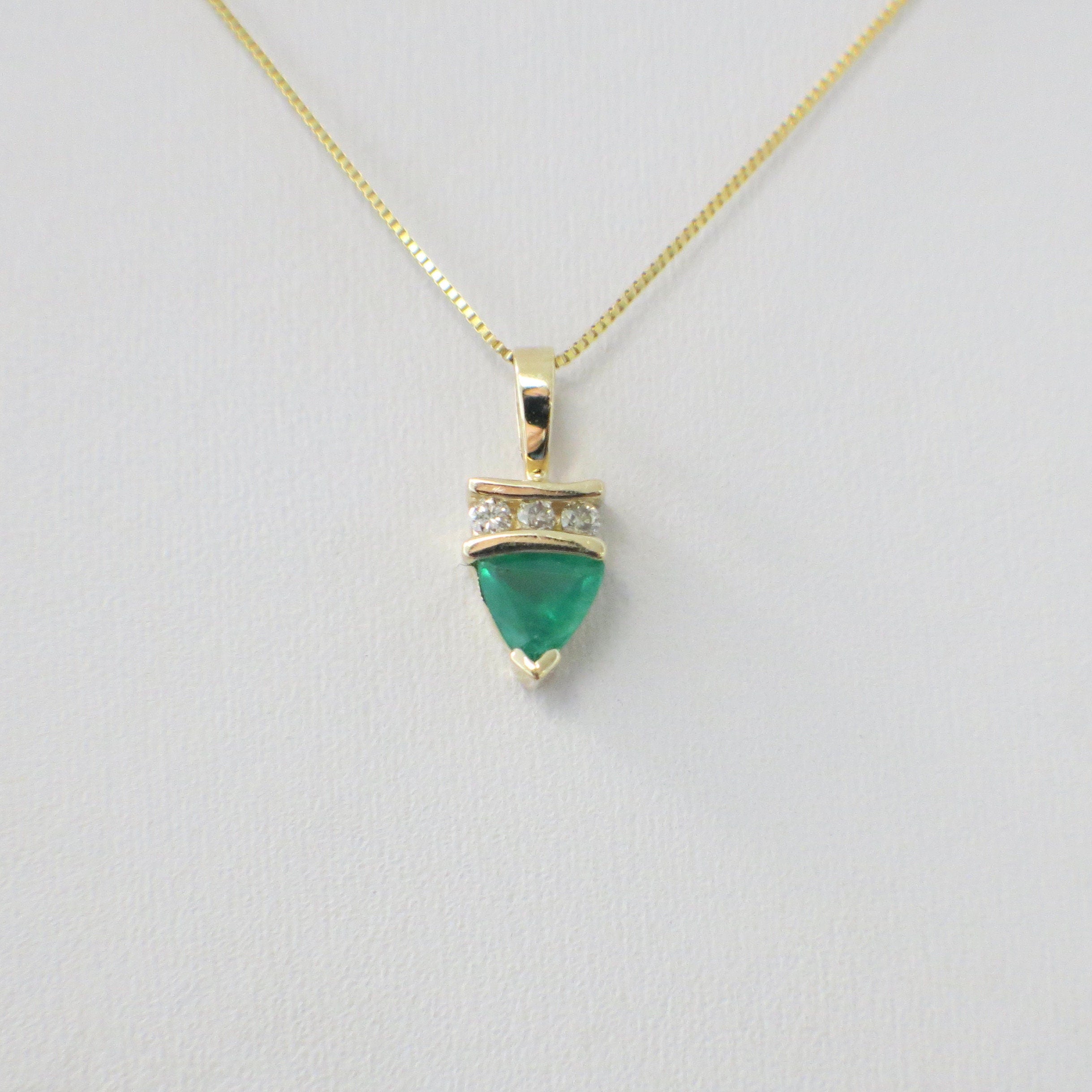 14K Yellow Gold Trillion Emerald and Diamond Pendant | Box Chain Necklace - Black Market LLC