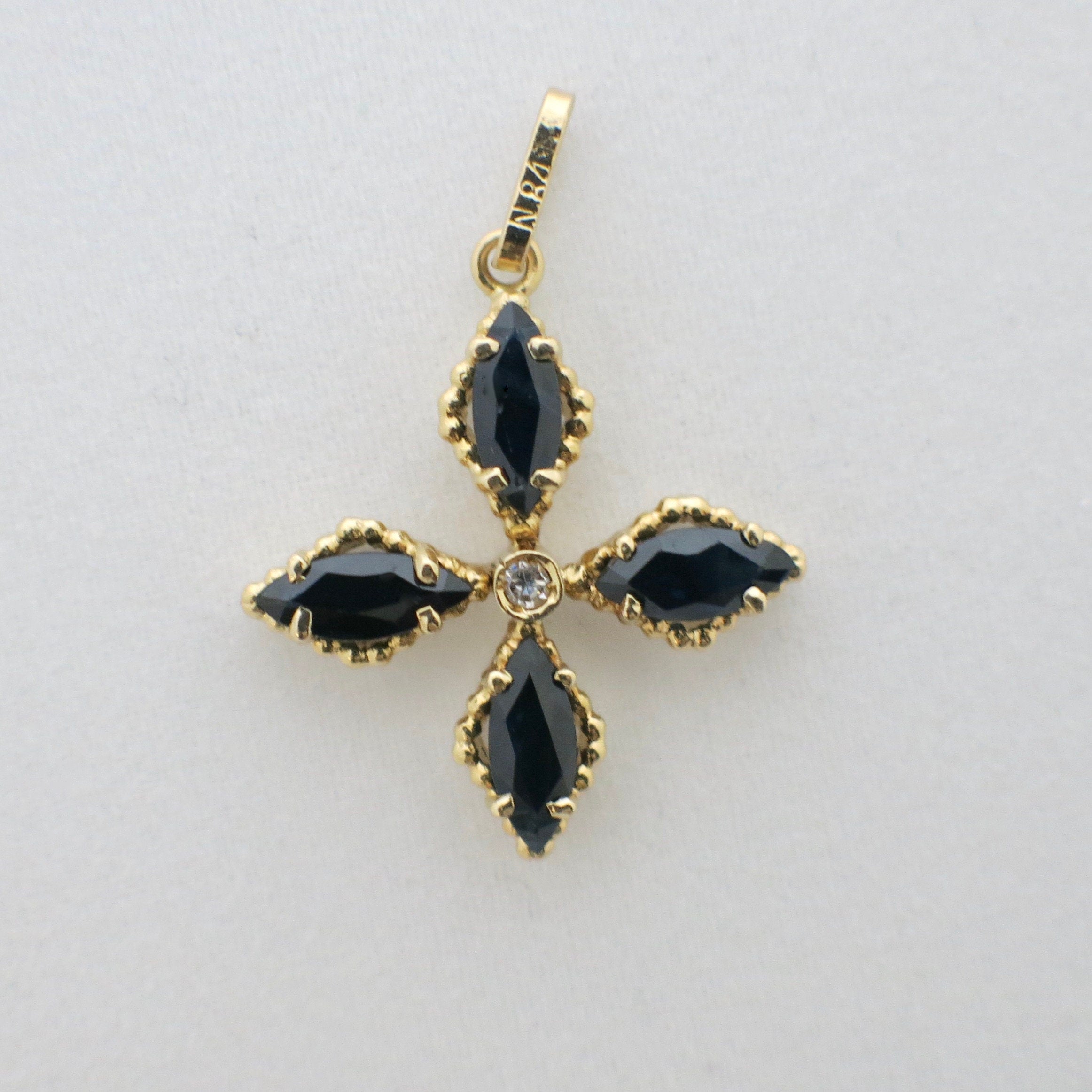 18K Yellow Gold Sapphire Cross Pendant | Vintage Floral Design with Marquise Sapphires & Diamond Center - Black Market LLC