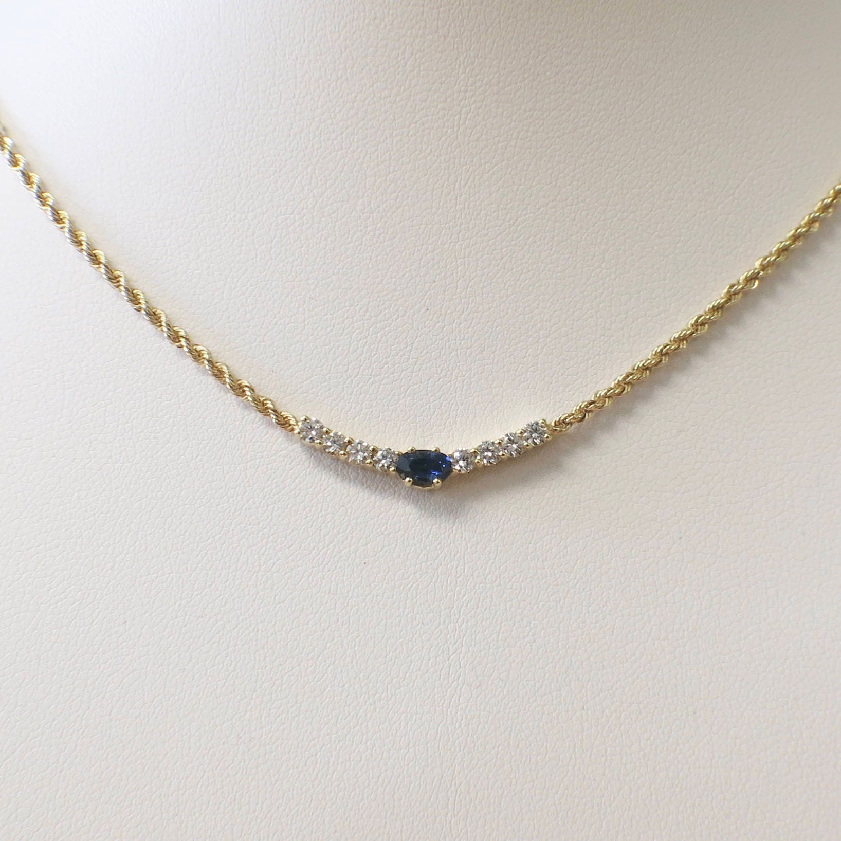 Oval Sapphire & Diamond Rope Chain Necklace | 14K Yellow Gold 16 Inch - Black Market LLC