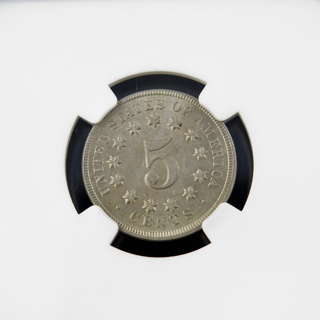 1869 Shield Nickel reverse showing detailed design and date, graded AU Details by NGC, an early U.S. five-cent coin.