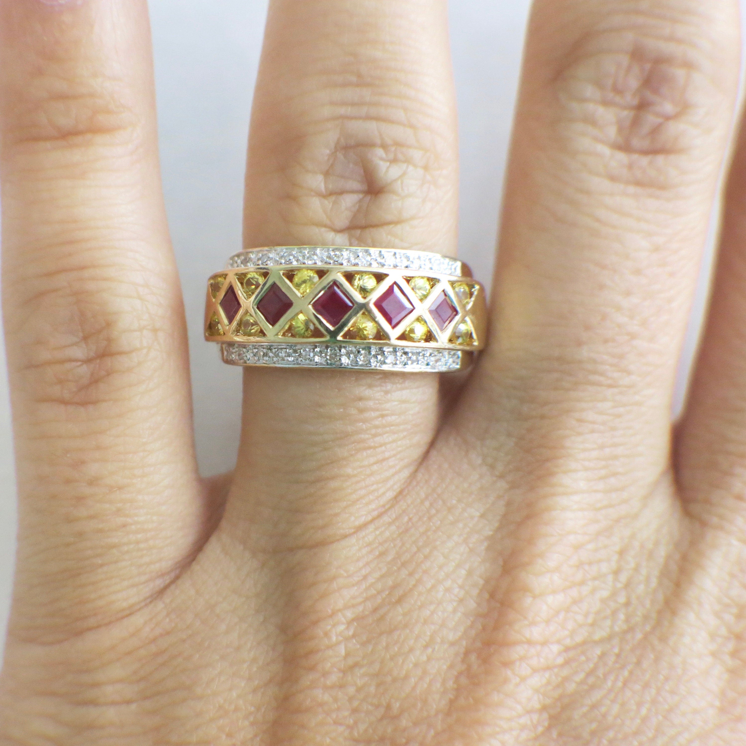 14K yellow gold pendant featuring ruby, citrine, and diamond stones with princess cut and round shapes in size 6.