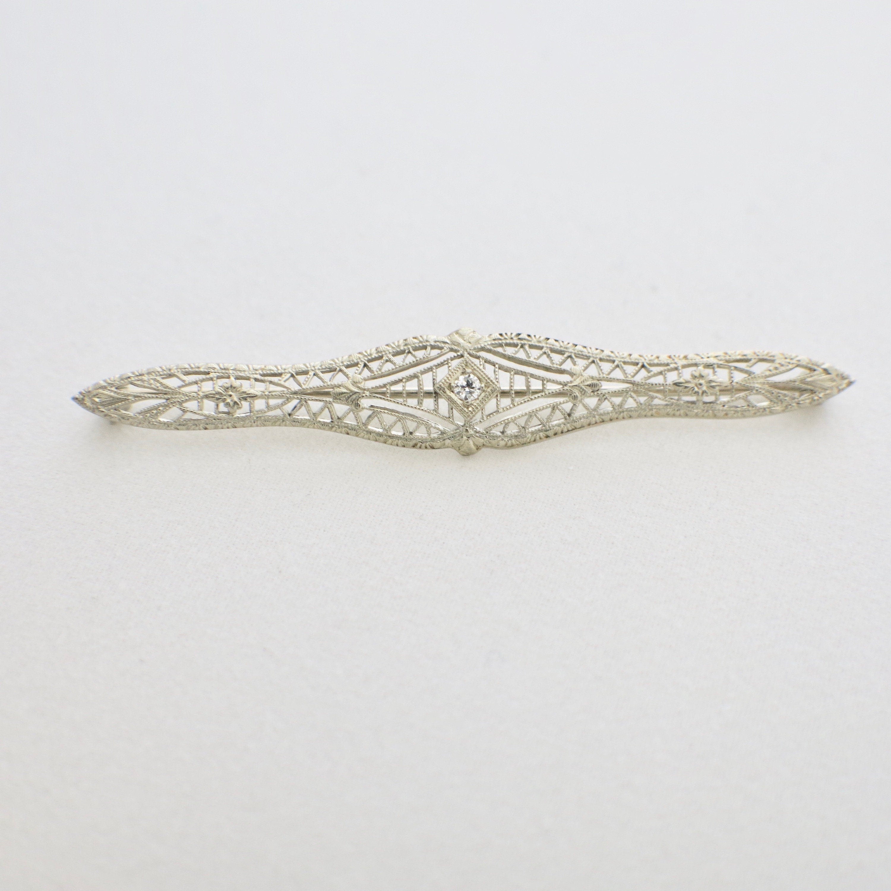 10K White Gold Art Deco Diamond Filigree Pin – Vintage 1920s Milgrain - Black Market LLC
