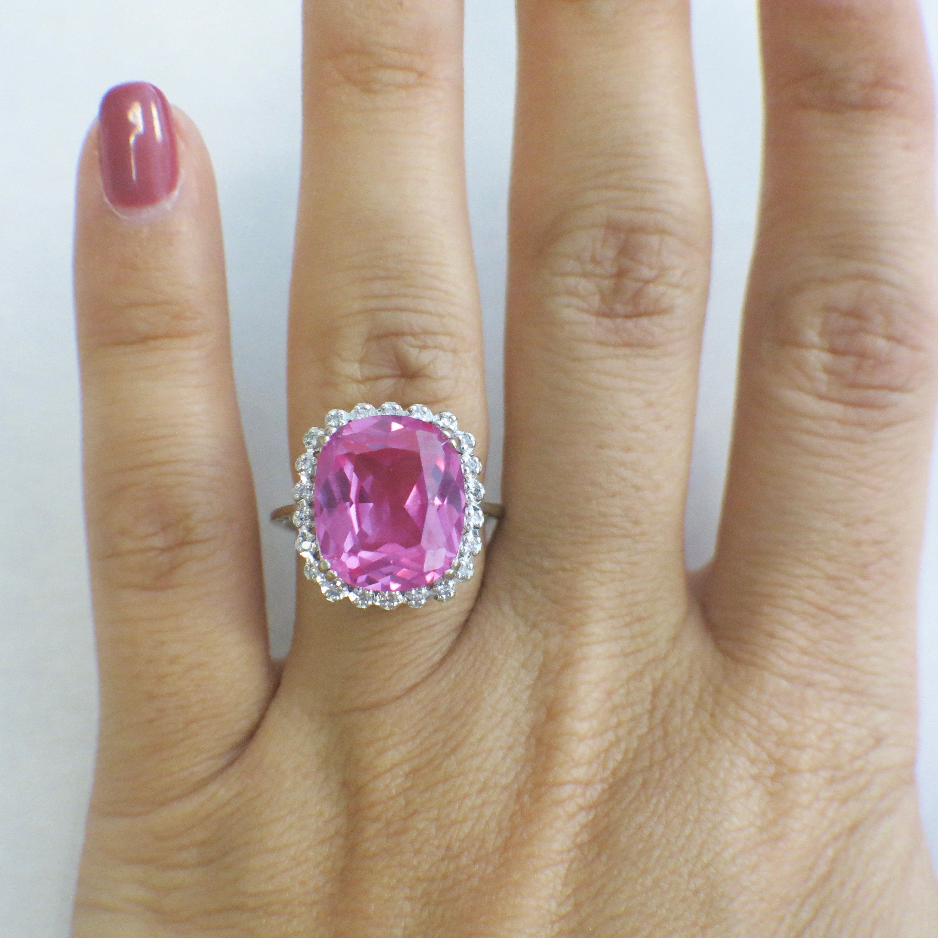 10K White Gold Pink Sapphire Halo Diamond Ring – Cushion Cut, Vintage Style, Size 7 - Black Market LLC