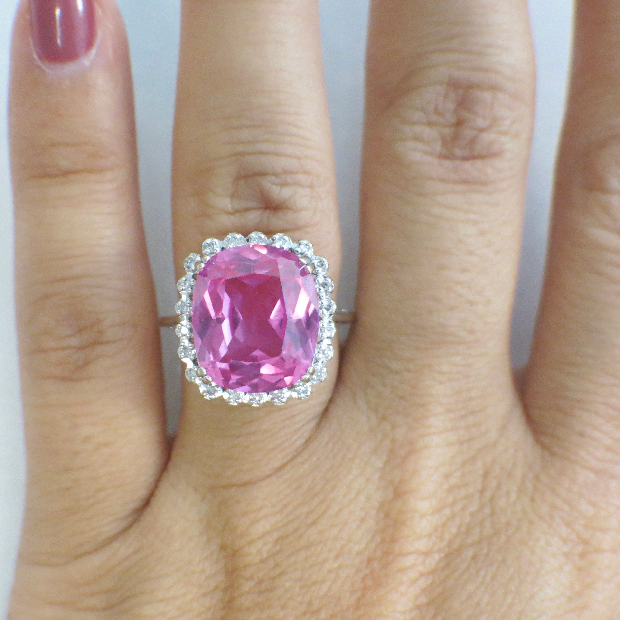 10K White Gold Pink Sapphire Halo Diamond Ring – Cushion Cut, Vintage Style, Size 7 - Black Market LLC