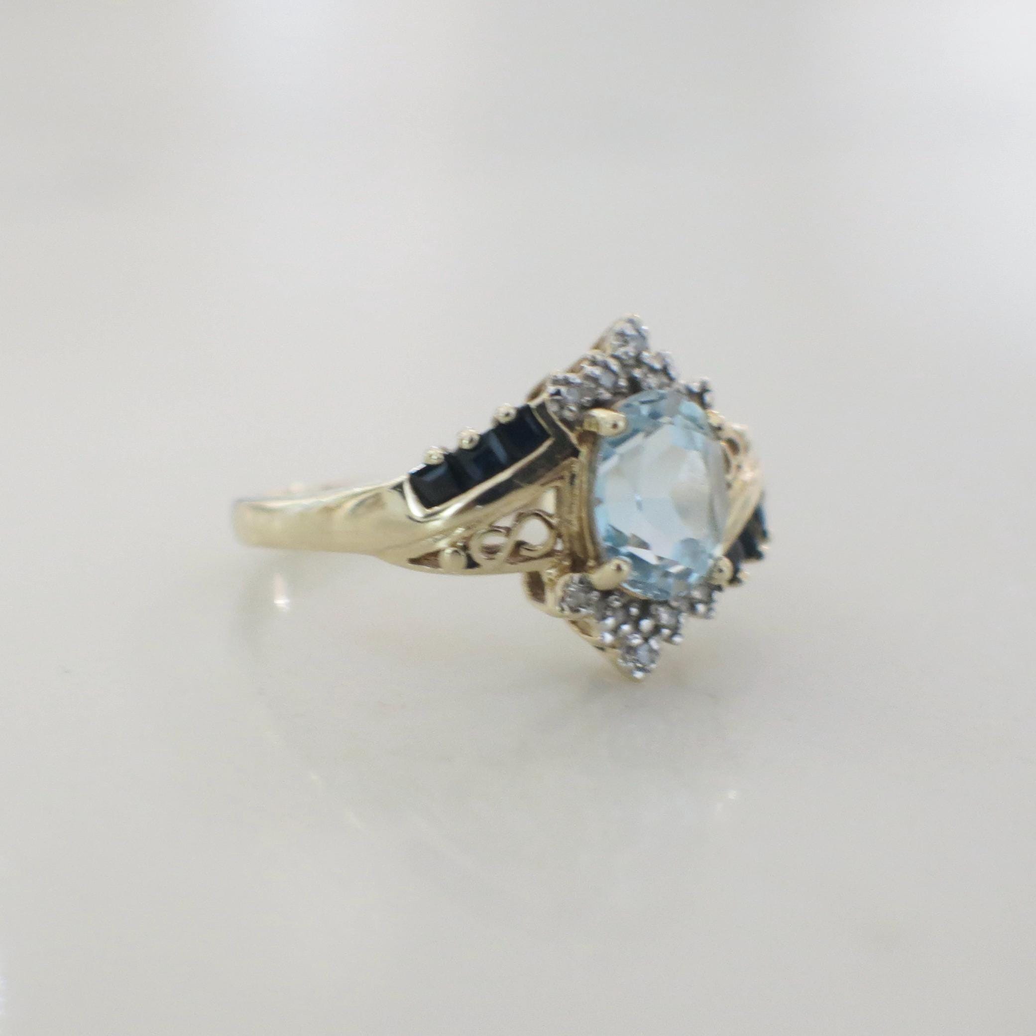 10K Yellow Gold Sky Blue Topaz, Sapphire, and Diamond Ring – Vintage Style, Size 8 - Black Market LLC