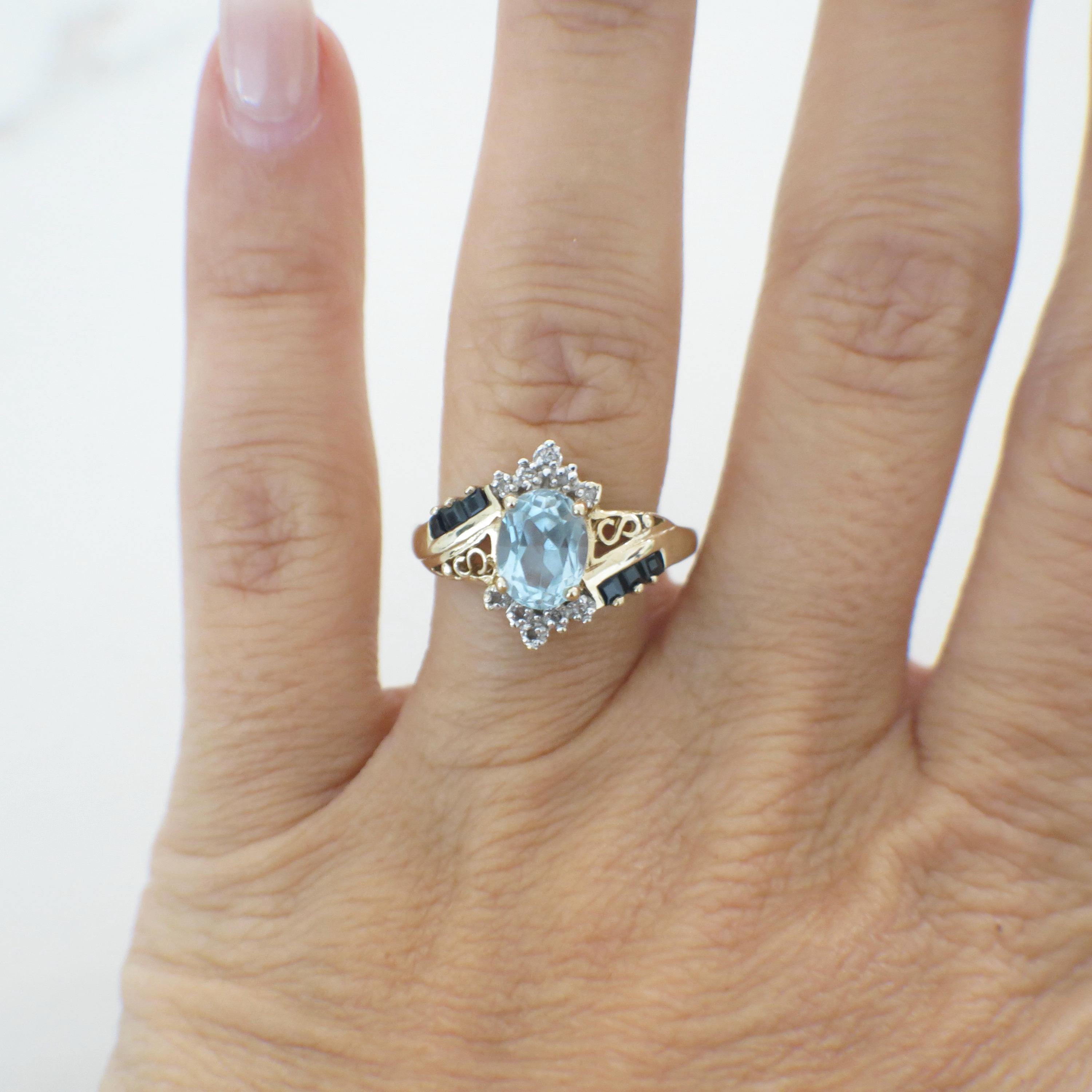 10K Yellow Gold Sky Blue Topaz, Sapphire, and Diamond Ring – Vintage Style, Size 8 - Black Market LLC